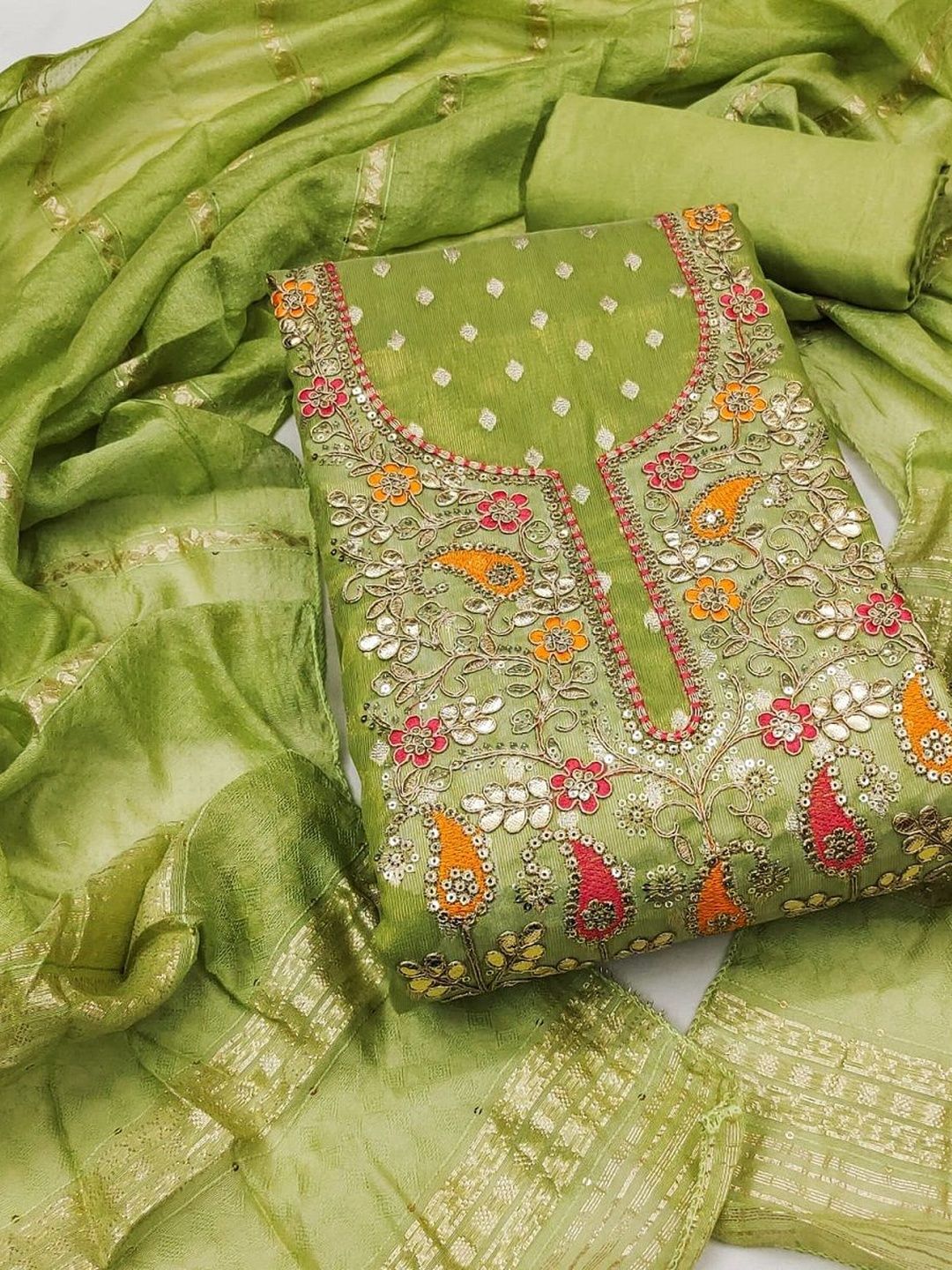 DWIJA FASHION Embroidered Art Silk Unstitched Dress Material-picture-16