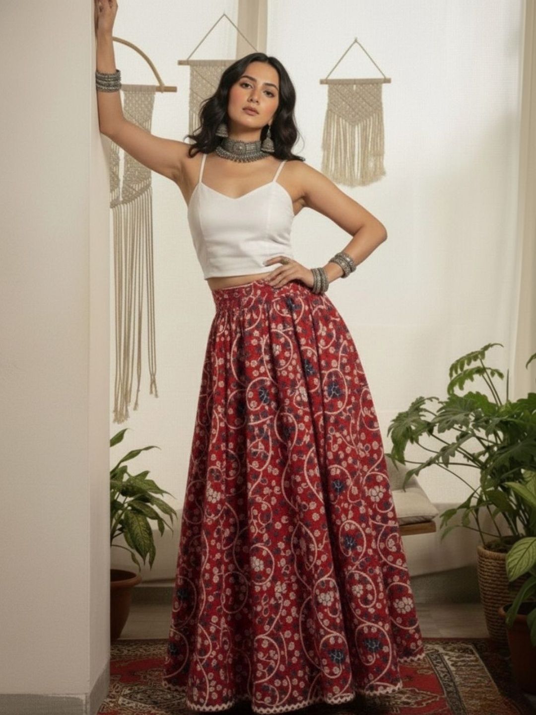WineRed Women Pure Cotton Cotton Cambric Floral Maxi Flared Skirt-picture-19
