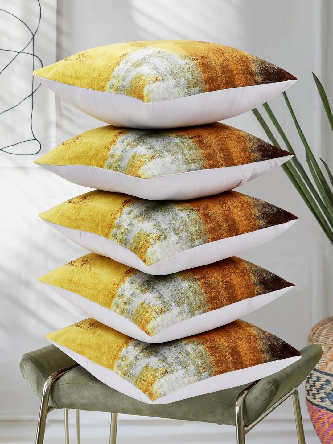 RD TREND Yellow Set of 5 Velvet Blend Square Cushion Covers-image-15