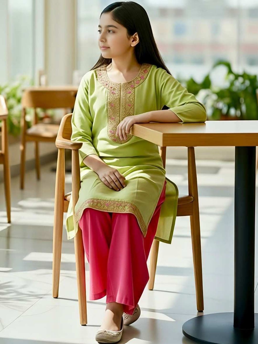 KALINI Girls Ethnic Motifs Embroidered Regular Thread Work Kurta with Palazzos