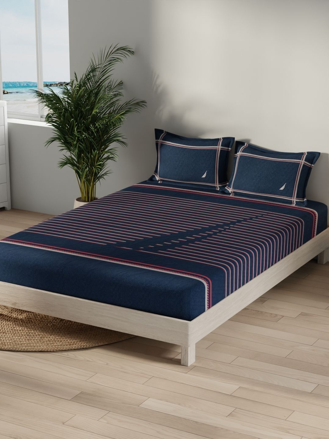 Nautica Navy Blue Striped King Bedsheet with 2 Pillow Covers-image-15