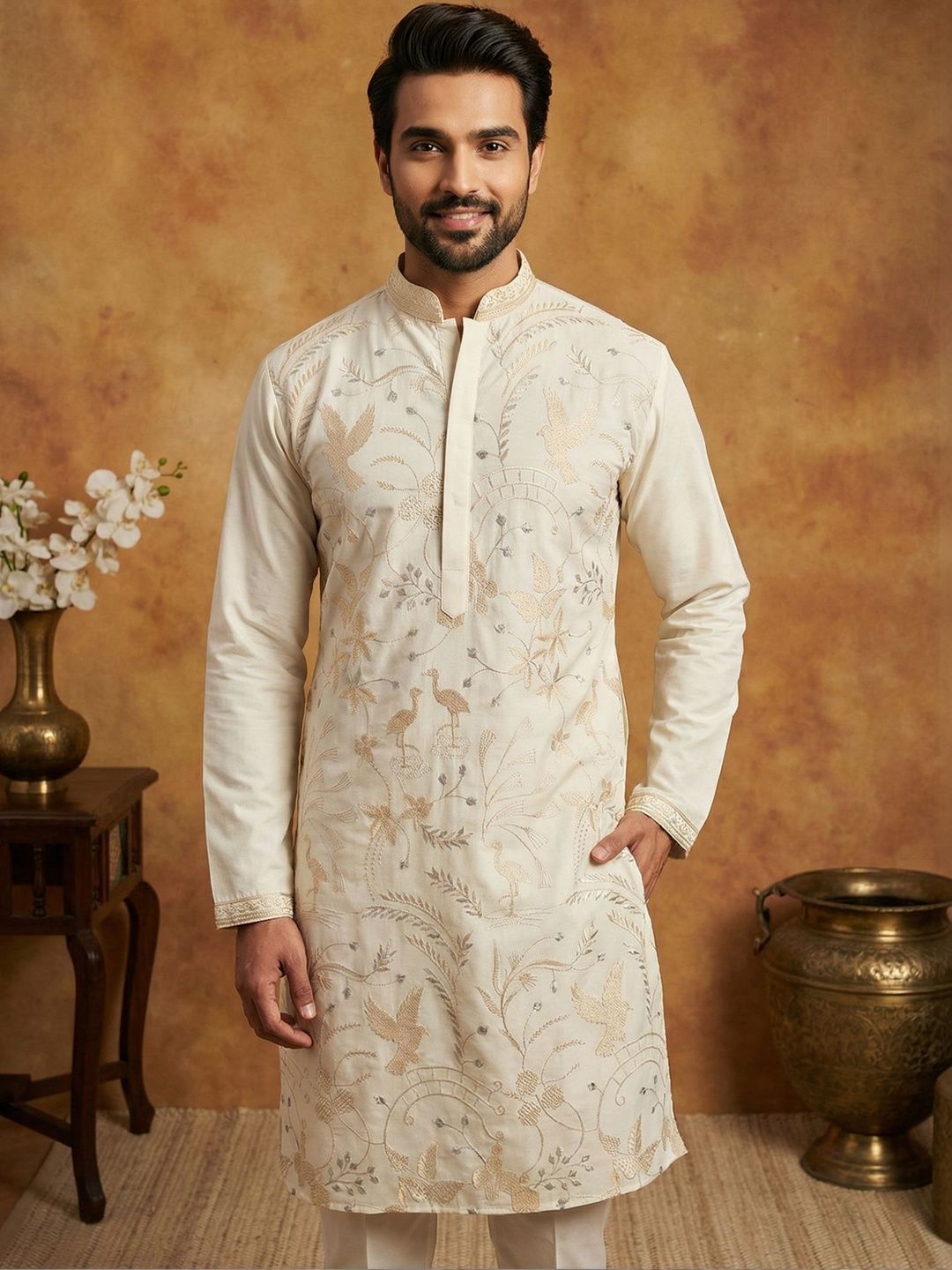 House of Pataudi Embroidered Mandarin Collar Kurta & Pyjamas Kurta Set-picture-25