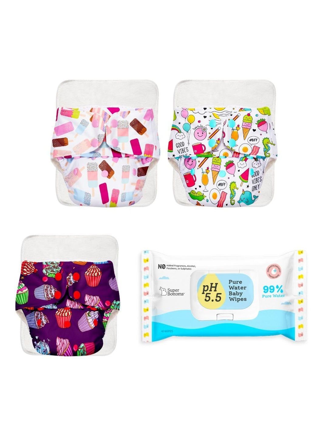 SuperBottoms Set Of 3 Reusable Cloth Diapers With Hydrating Wipes-image-2