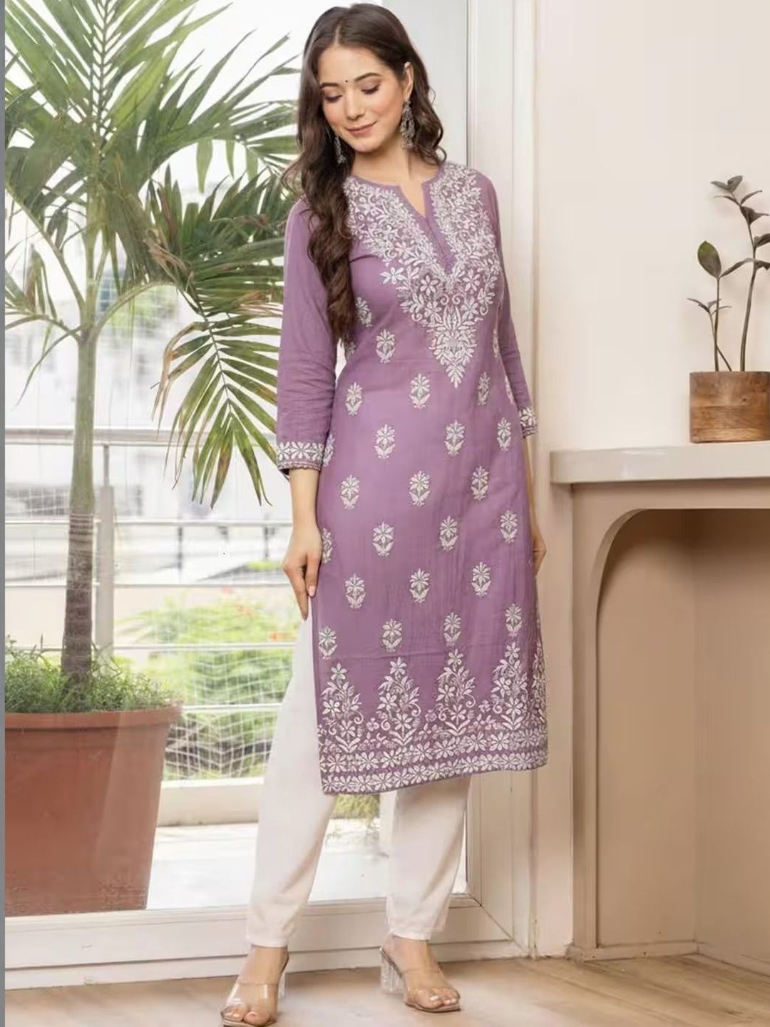 JBTEX Ethnic Motifs Embroidered V-Neck Chikankari Chikankari Kurti-picture-53