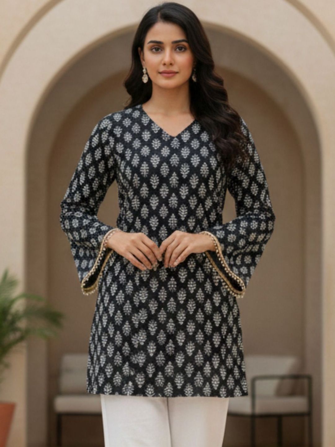 OZIA Ethnic Motifs Printed V-Neck Flared Sleeves Pure Cotton Kurti-image-23