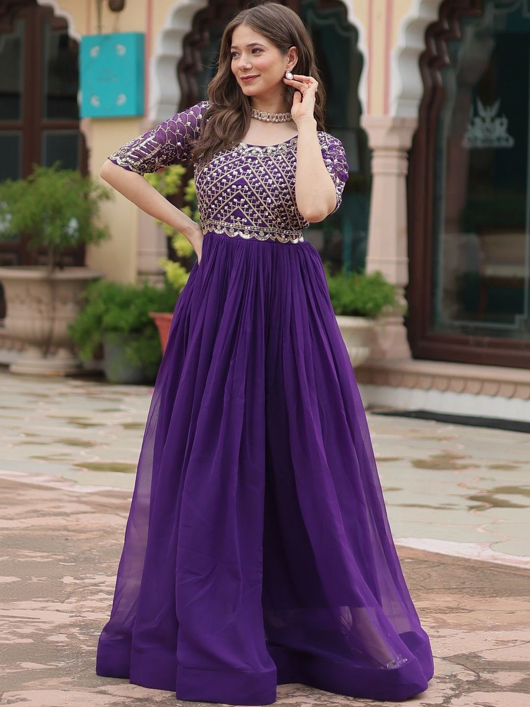 GLOSIA DESIGN Ethnic Motifs Embroidered Georgette A-Line Maxi Dress-picture-31