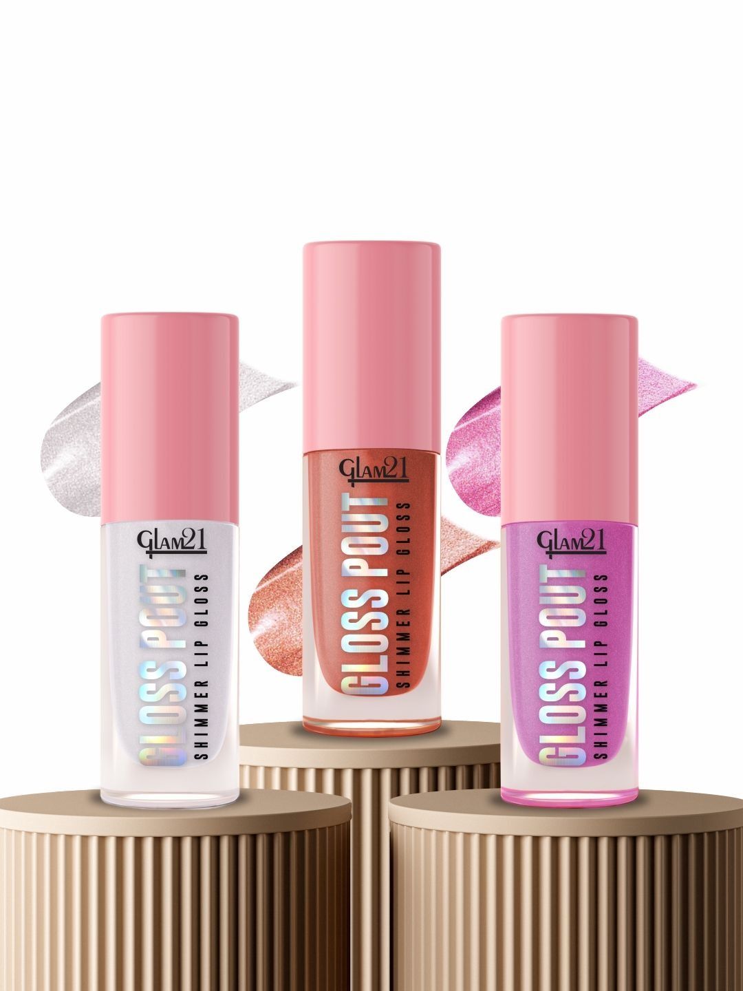 GLAM21 Set Of 3 Gloss Pout Shimmer Lip Gloss - 7 g Each - Crystal Kiss Bare Nude & Pink-picture-17
