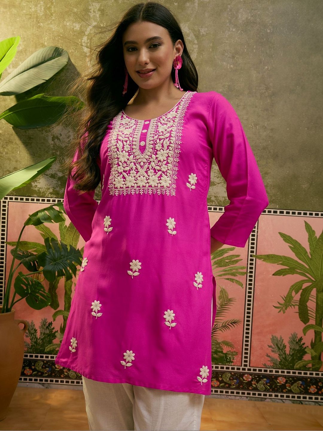 Sangria Floral Embroidered Round Neck Straight Kurti-picture-19