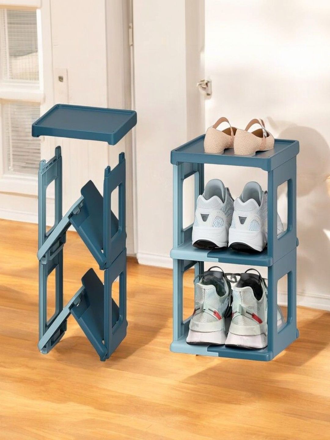 Homeness Blue Textured 2-Layer Foldable Shoe Rack-picture-48