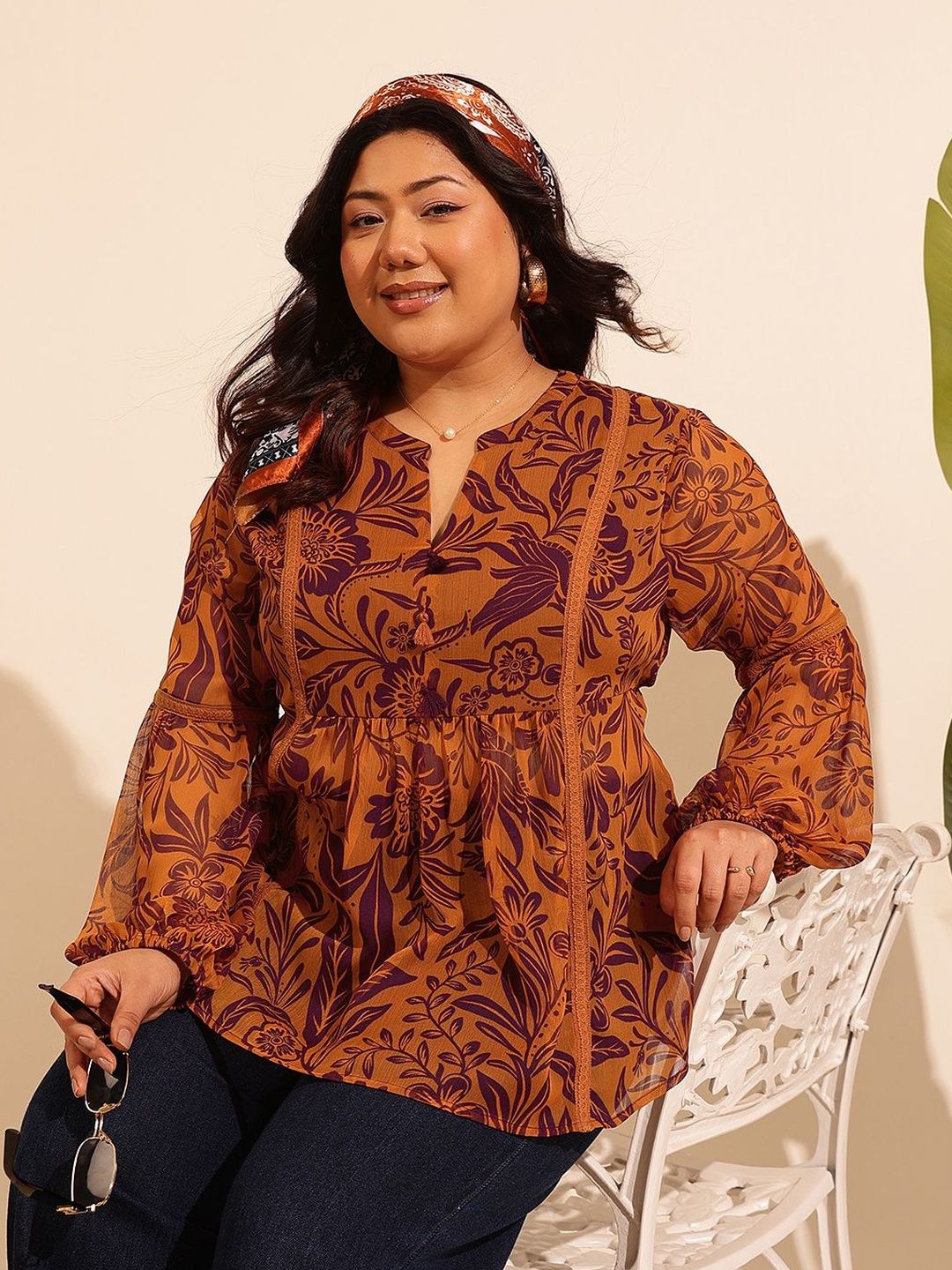 QUIERO MAS Floral Print Bishop Sleeves Chiffon Top-image-42