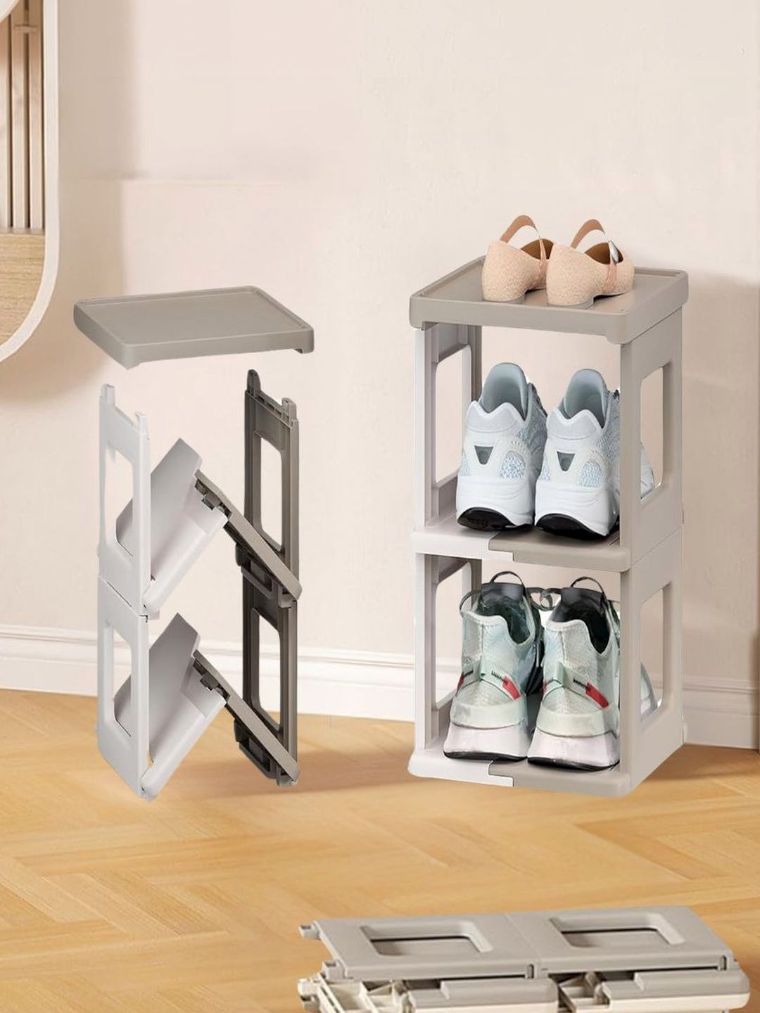 Homeness Cream-Colored & Grey Textured 2-Layer Foldable Shoe Rack-picture-53