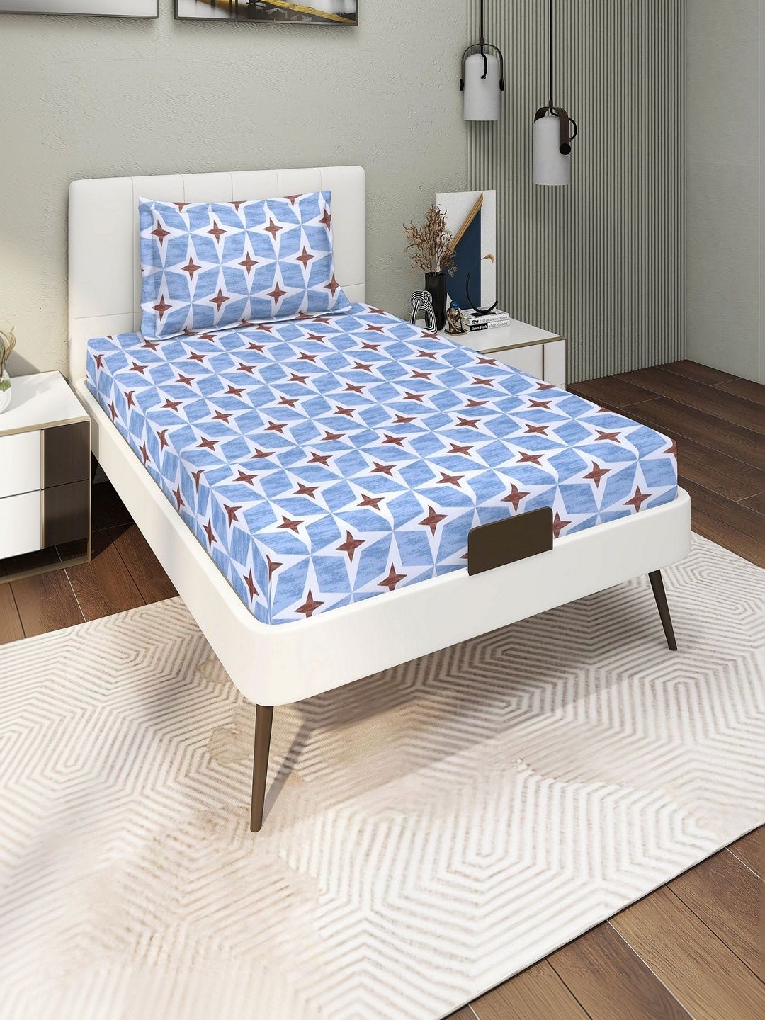 DREAM LIVING Blue Geometric 144 TC Single Bedsheet with 1 Pillow Covers-image-45
