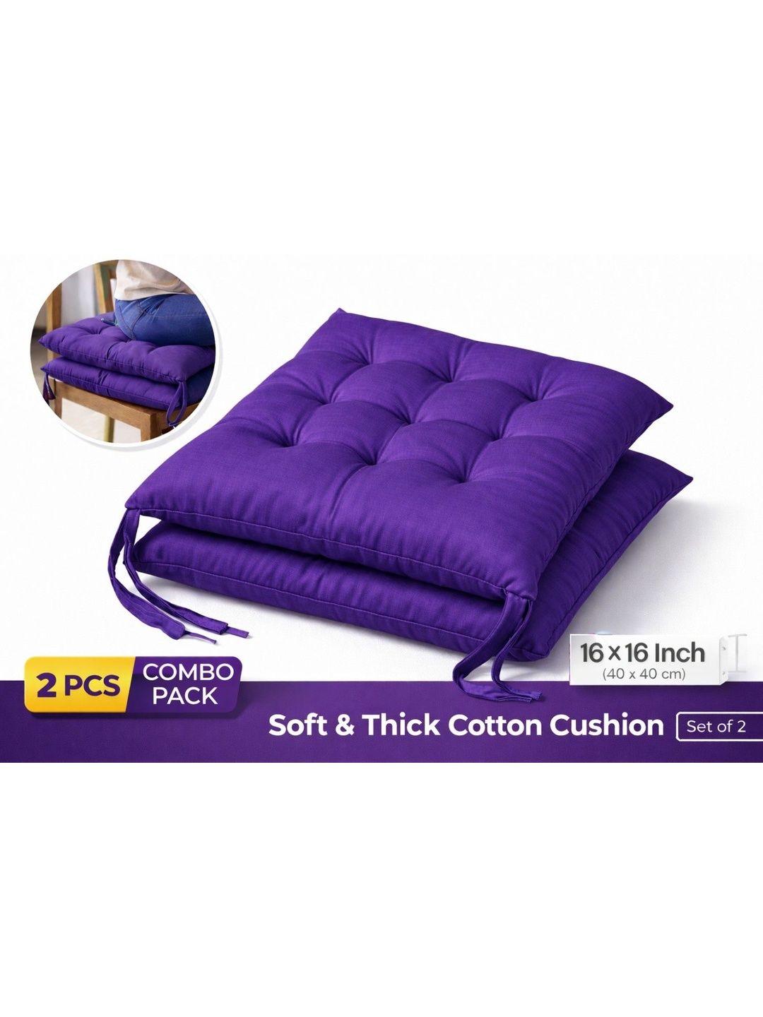 Arvabil 2Pcs Purple Soft Tufted Chair Cushions With Ties-image-8