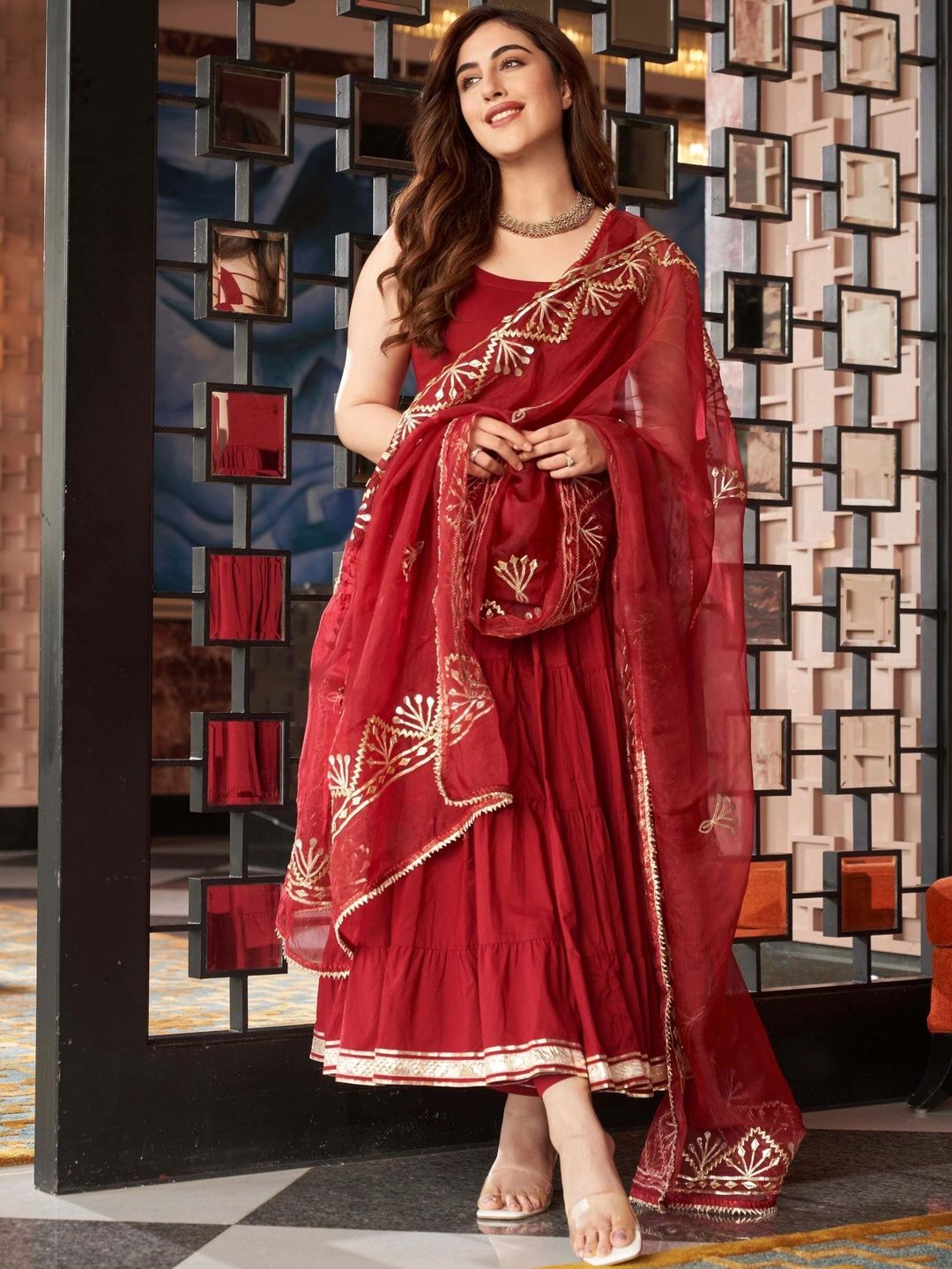 Vastranikhar Women Ethnic Motifs Tiered Thread Work Pure Cotton Kurta with Trousers & With Dupatta-picture-31
