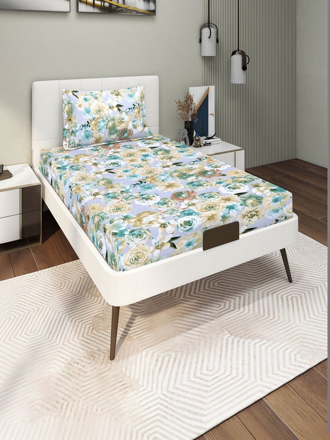DREAM LIVING Grey Floral 144 TC Single Bedsheet with 1 Pillow Covers-image-36