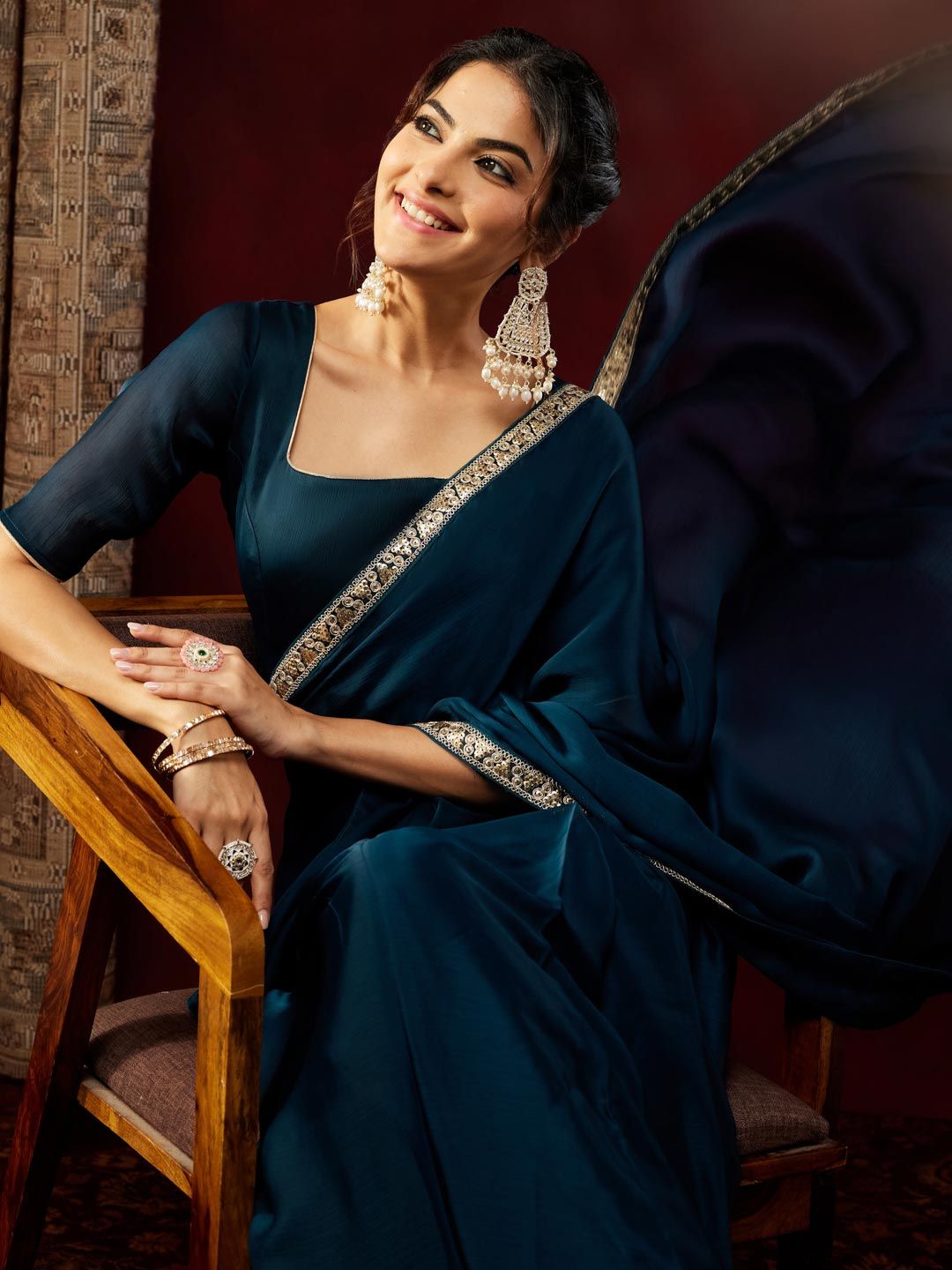 Janasya Teal Blue Silk Blend Ready To Wear Embellished Saree with Unstitched Blouse-image-12