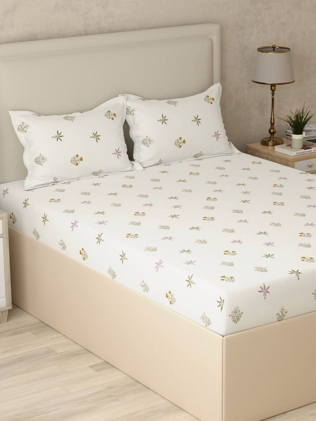 Huesland Off White Floral 210 TC Bedsheet with 2 Pillow Covers-picture-24