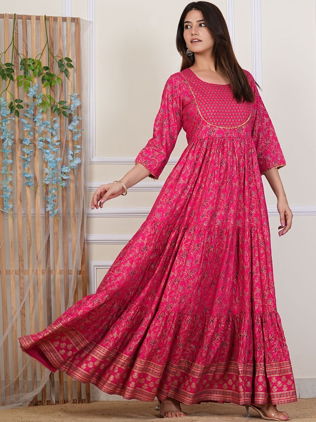 Navkriti Jaipur Ethnic Motifs Printed Gotta Patti Pure Cotton Blend Gotta Patti Tiered Anarkali Kurti-picture-46