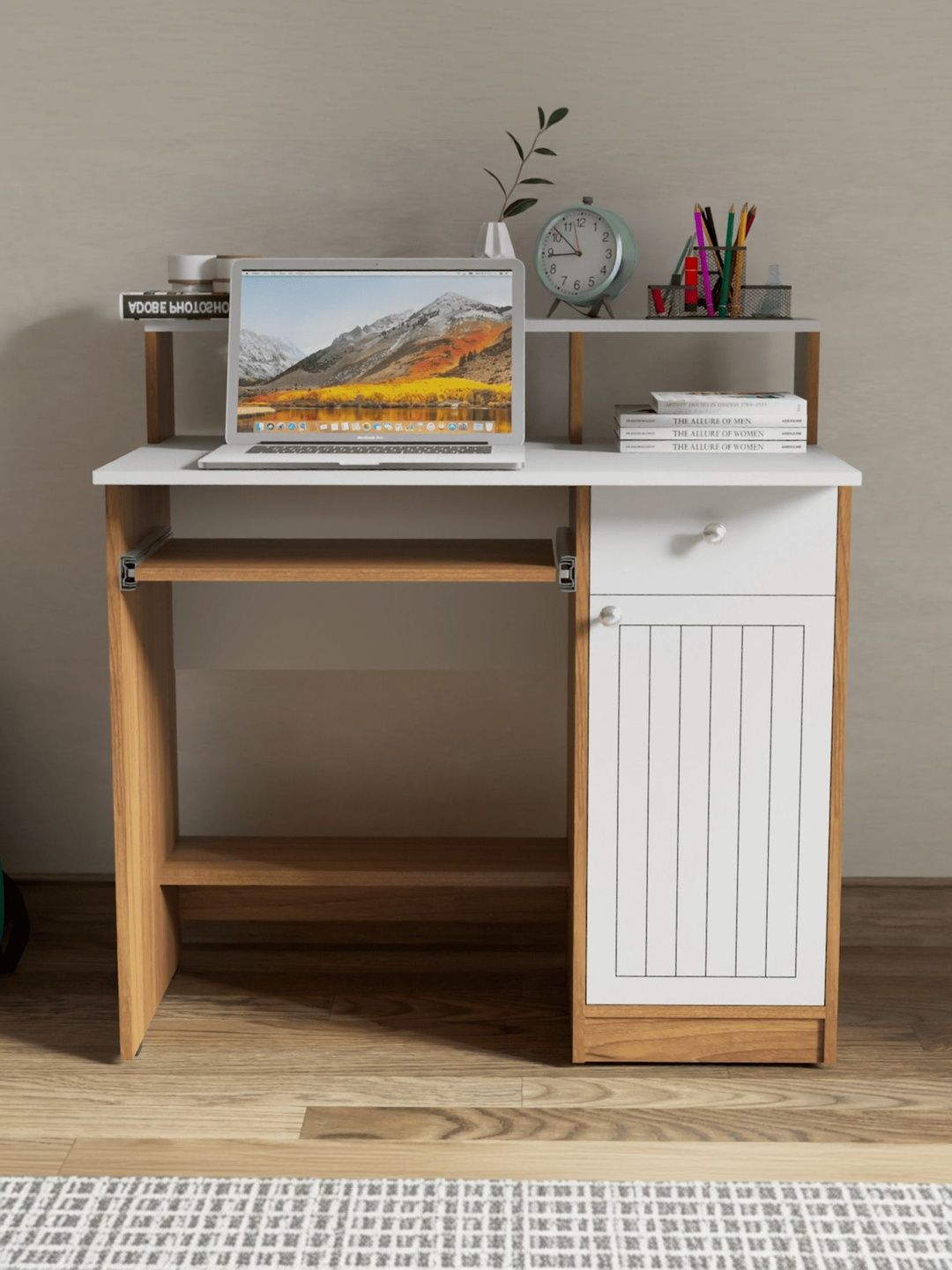 neuspace Brown & White Engineered Wood Study Table With Storage Cabinet & Drawer