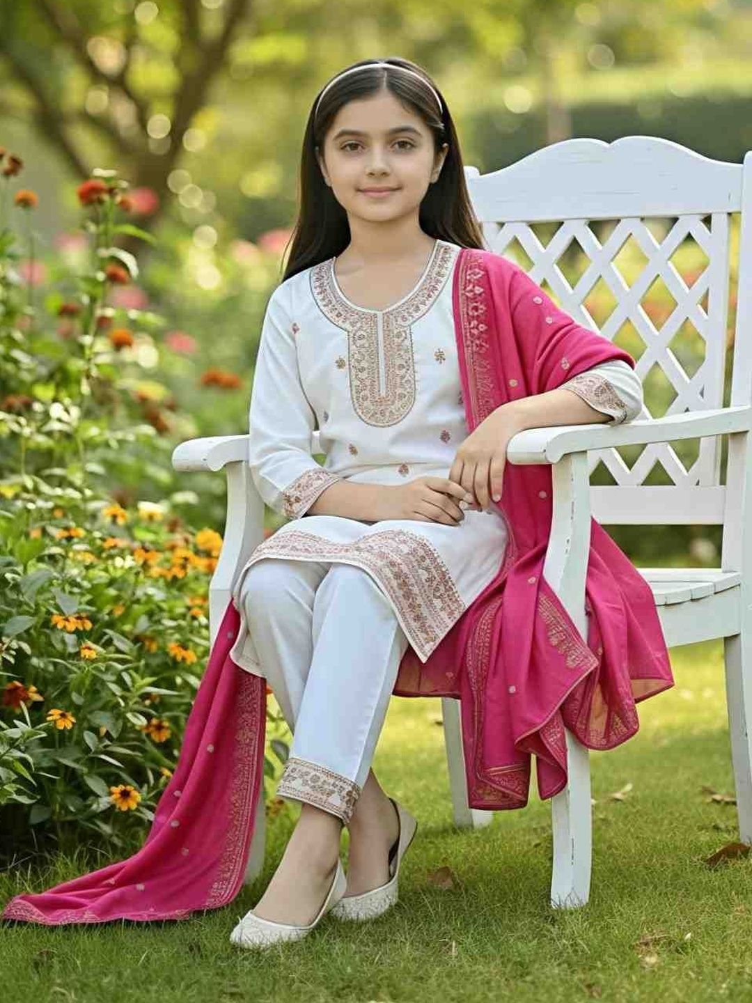 KALINI Girls Ethnic Motifs Embroidered Regular Thread Work Kurta with Trousers & With Dupatta-picture-30