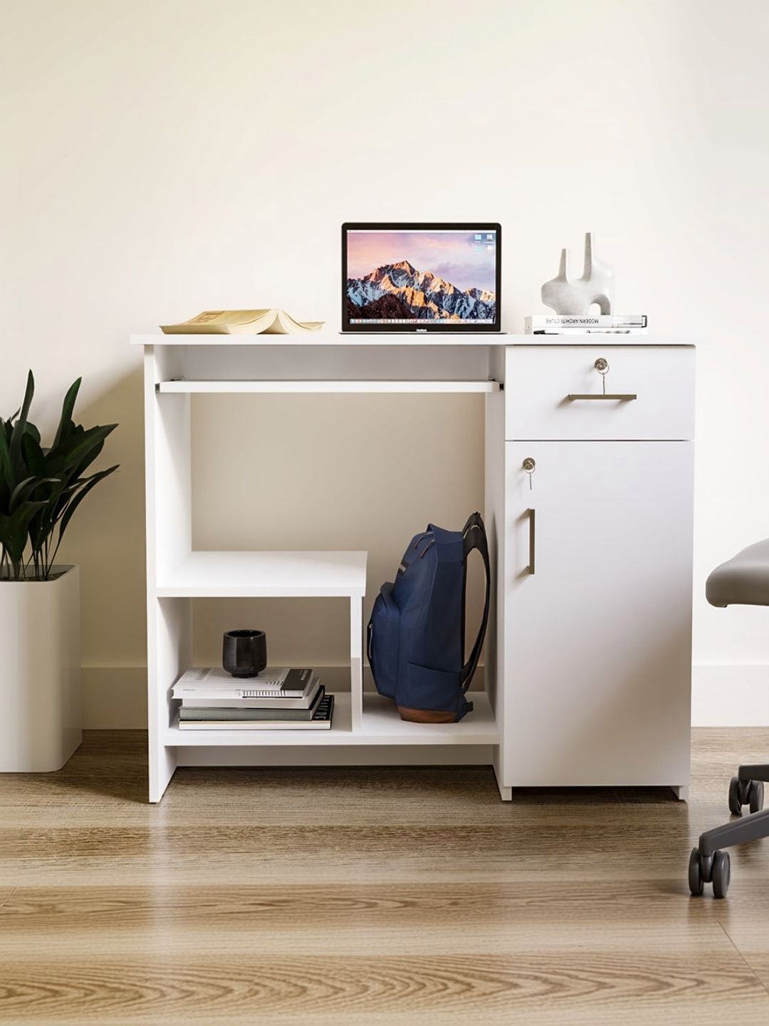 neuspace White Engineered Wood Study Table With Storage Cabinet & Drawer