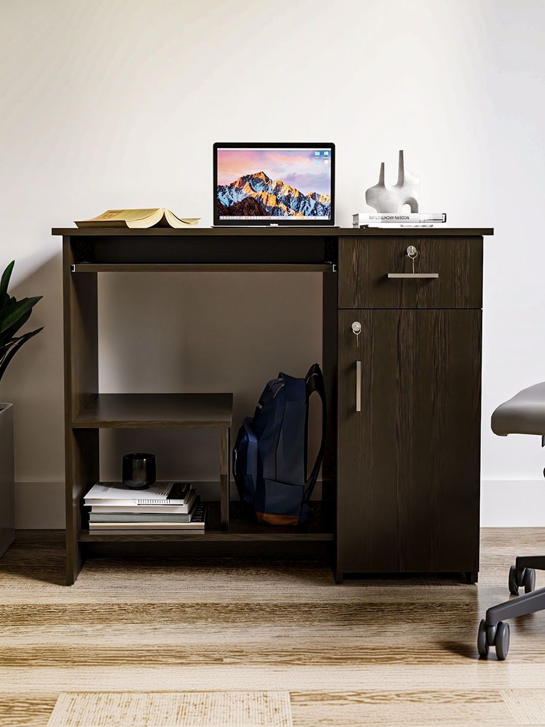 neuspace Black Engineered Wood Study Table With Storage Cabinet & Drawer