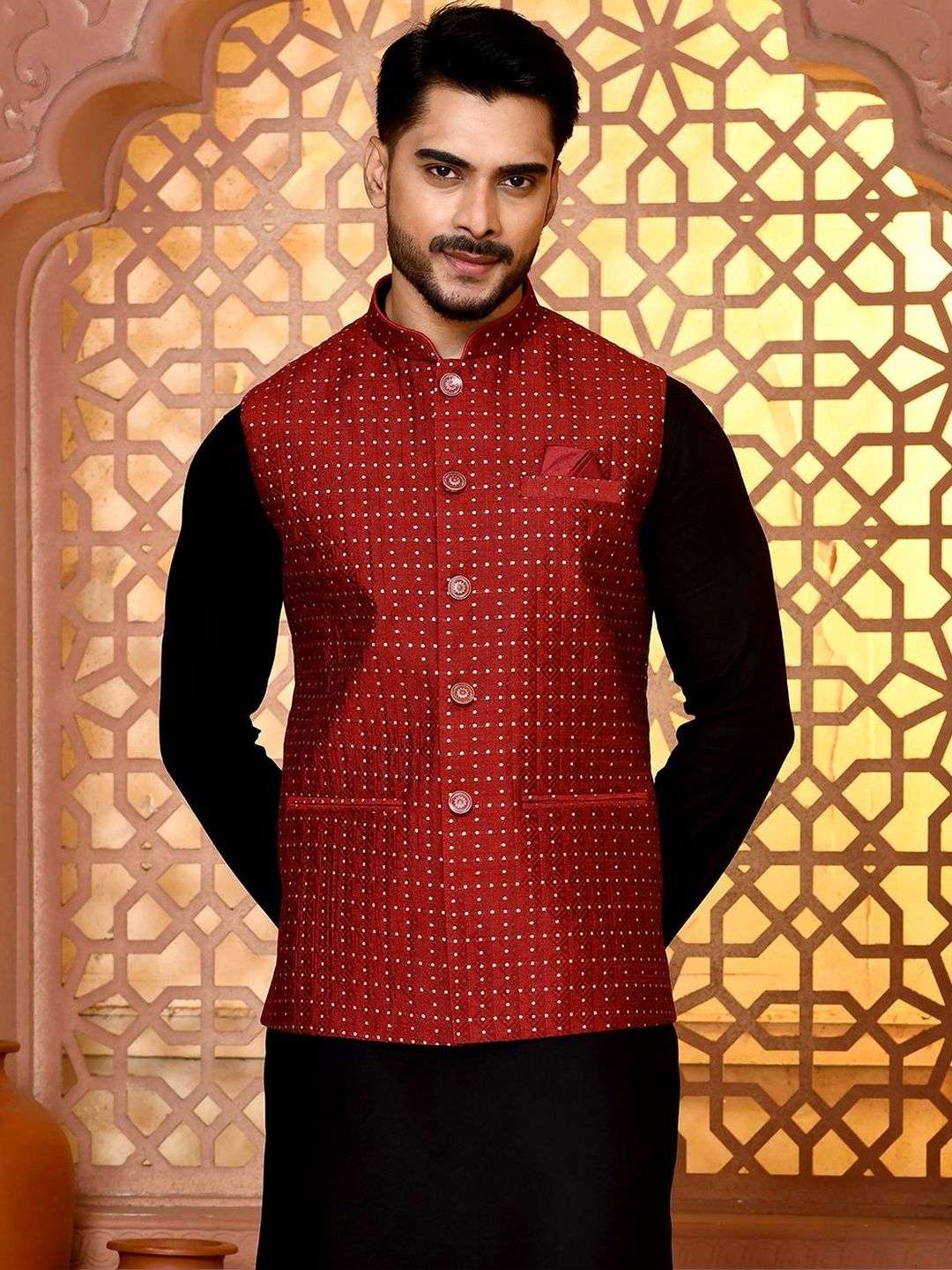 TRENDS OF ETHNIC Mandarin Collar Woven Nehru Jackets-image-44