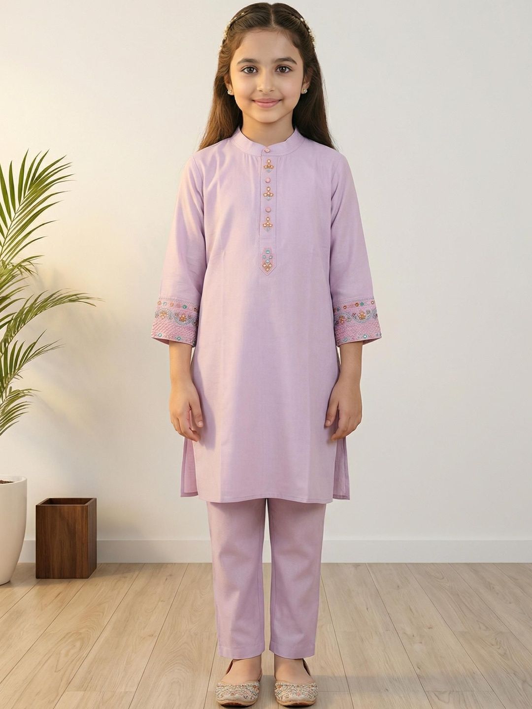 Sangria Girls Embroidered Pure Cotton Mandarin Collar Kurta & Trousers-picture-12