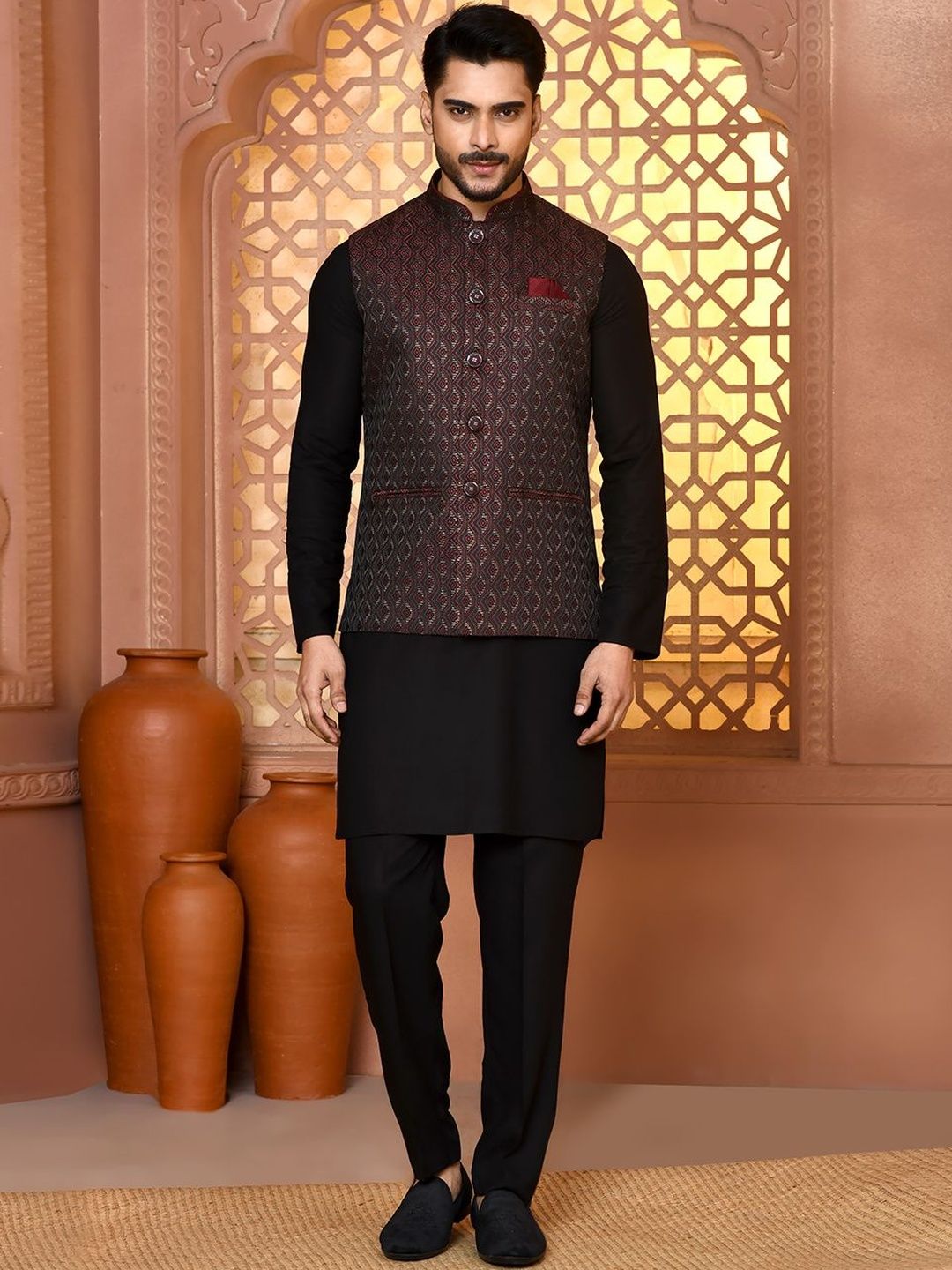 TRENDS OF ETHNIC Mandarin Collar Woven Nehru Jackets-picture-36