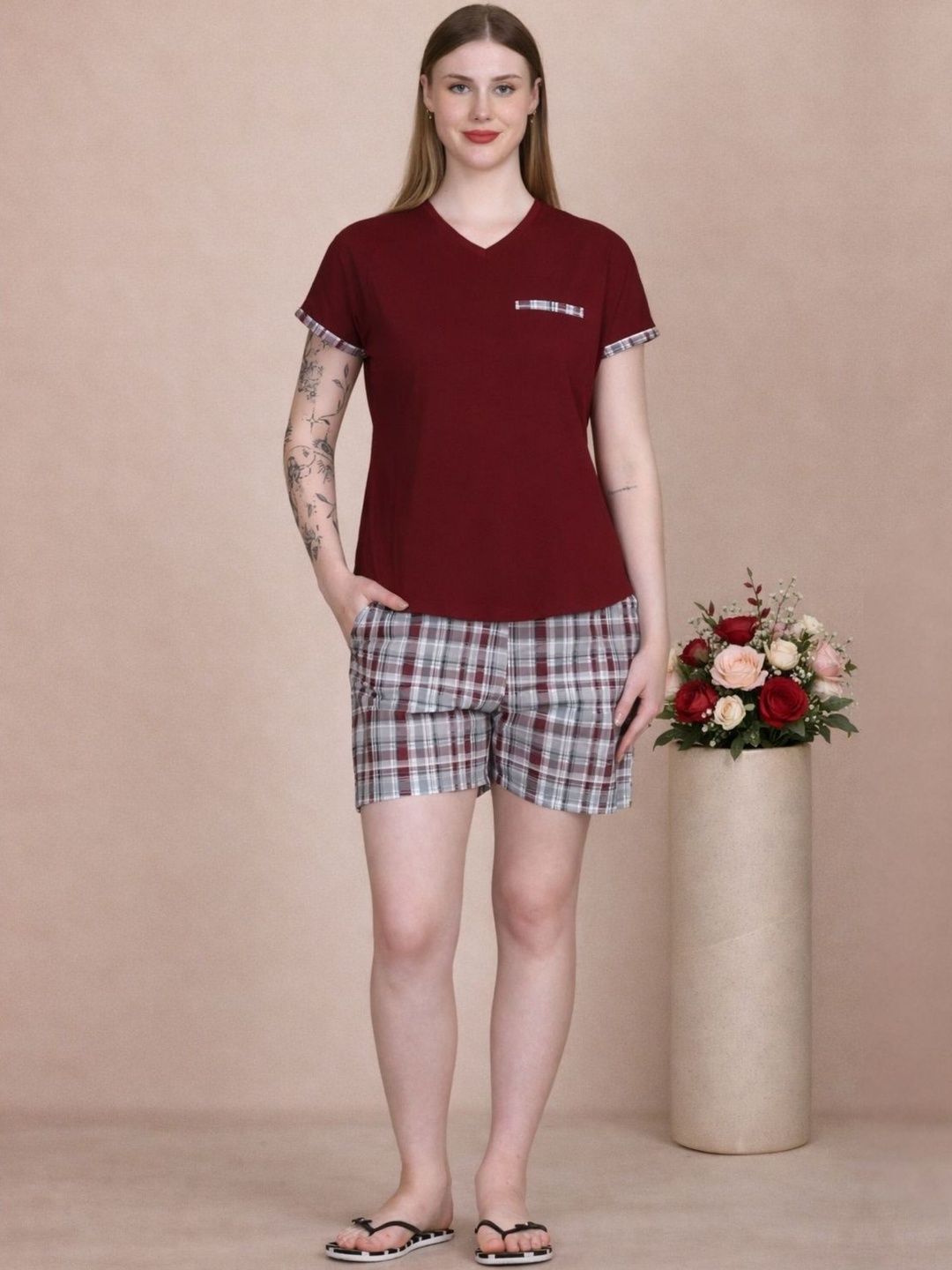 KIZA Women Solid Pure Cotton T-shirt & Shorts Night Suit-image-29