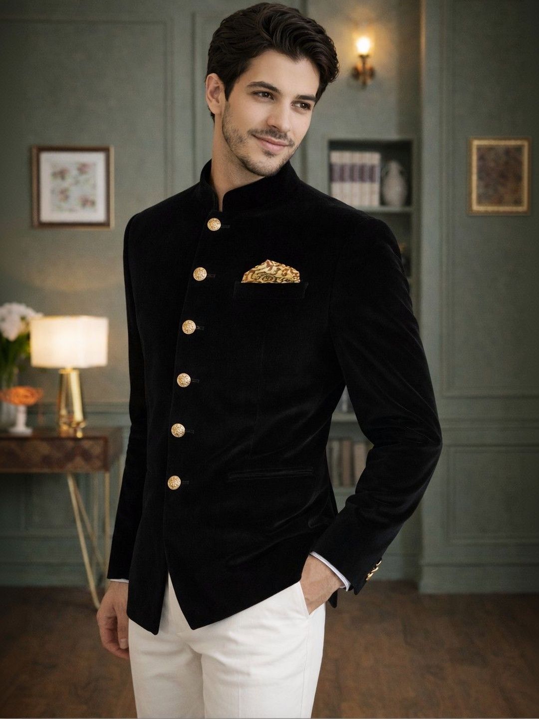 House of Pataudi Mandarin Collar Jodhpuri Tailored Fit Party Blazers-picture-22