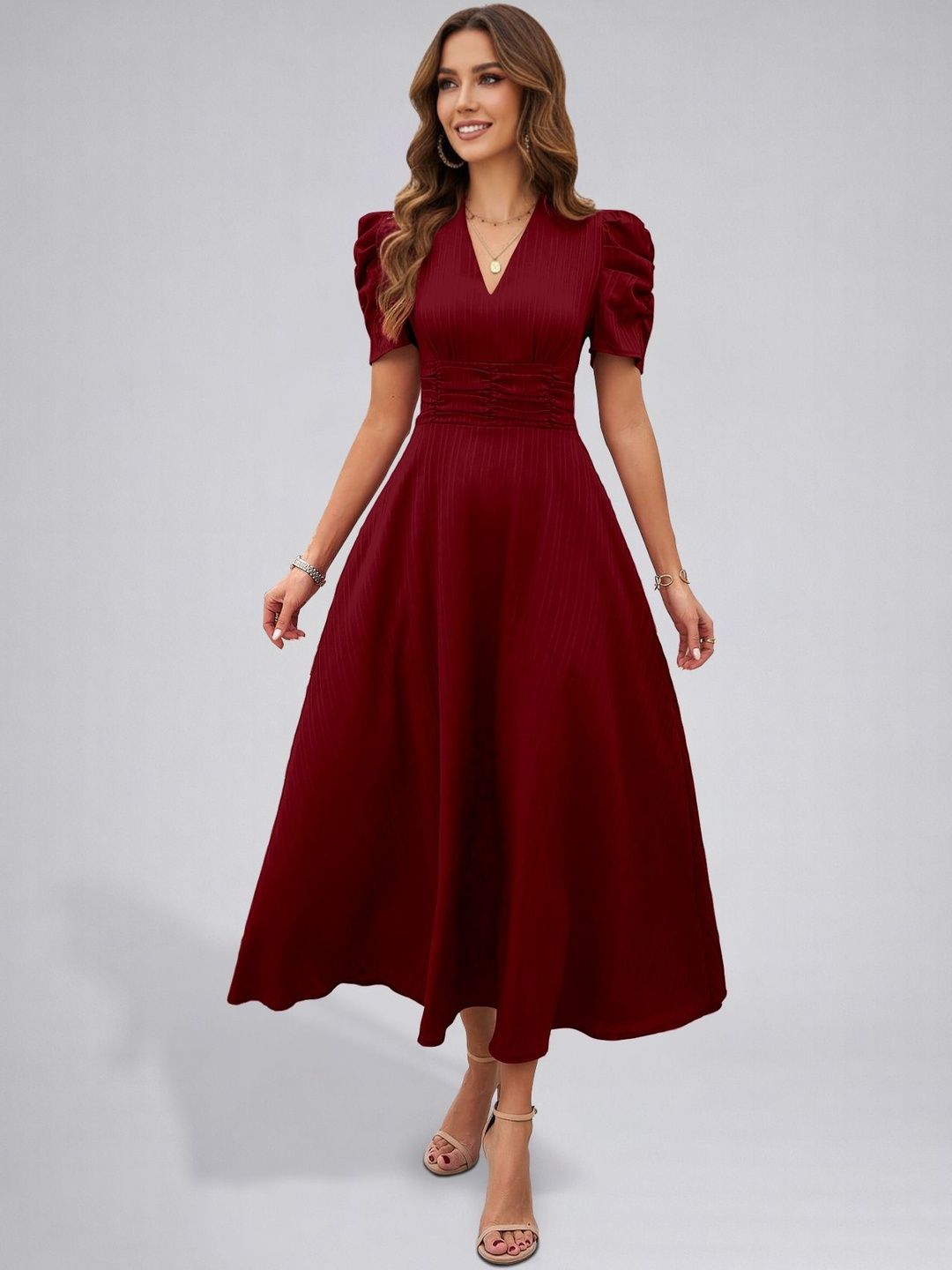 CORSICA Puff Sleeve Fit & Flare Midi Dress