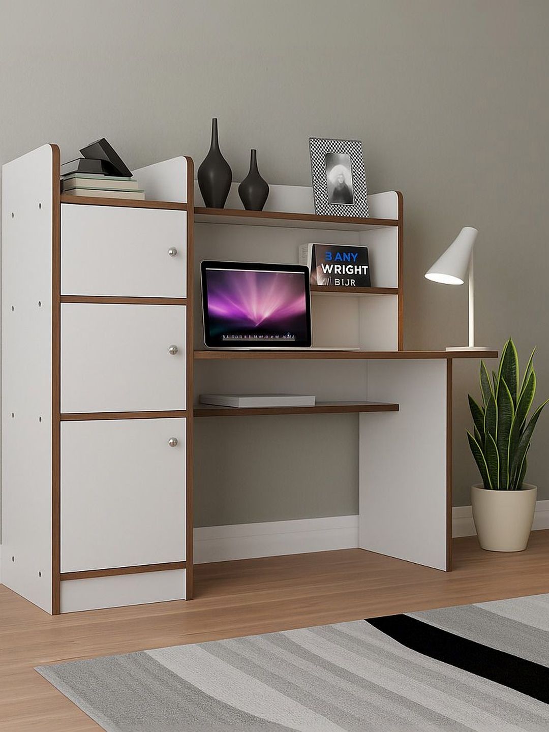 neuspace White Engineered Wood Study Table With Storage Cabinet