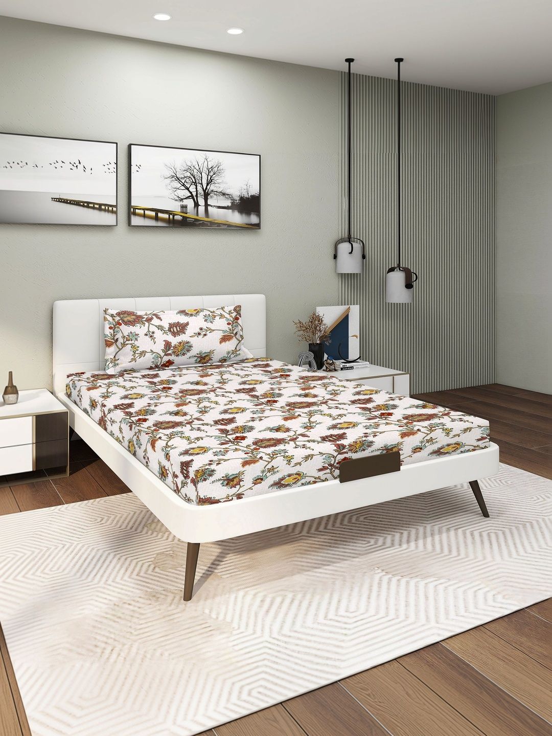 DREAM LIVING Off White Floral 144 TC Single Bedsheet with 1 Pillow Covers-image-32