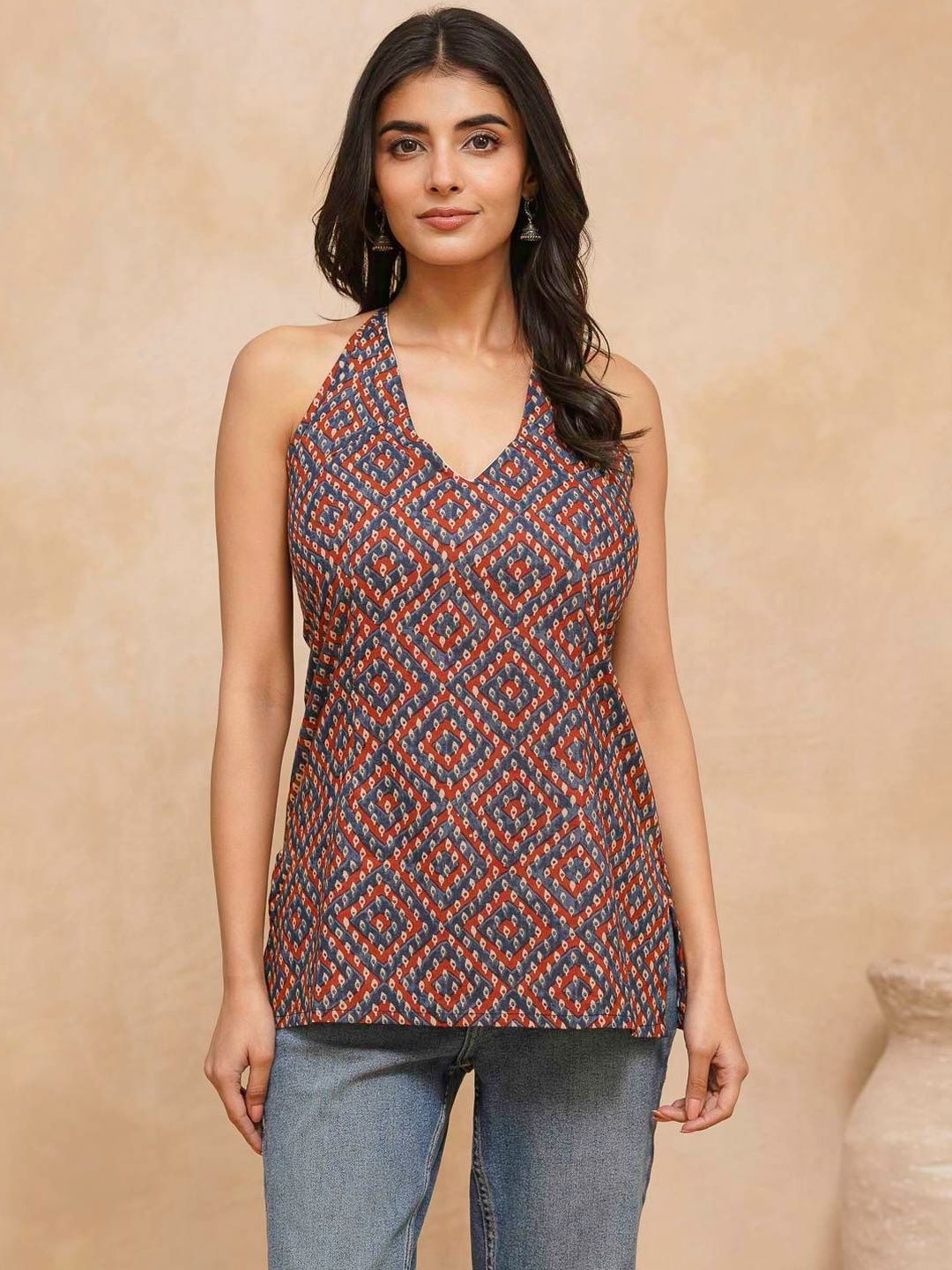 GOODHAND Geometric Printed Halter Neck Pure Cotton Blend Kurti-picture-53