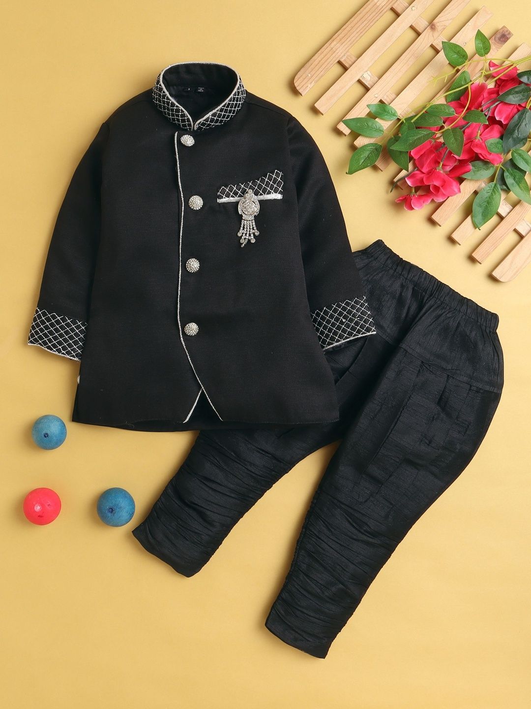 KALINI Boys Embroidered Mandarin Collar Neck Sherwani Set-picture-20