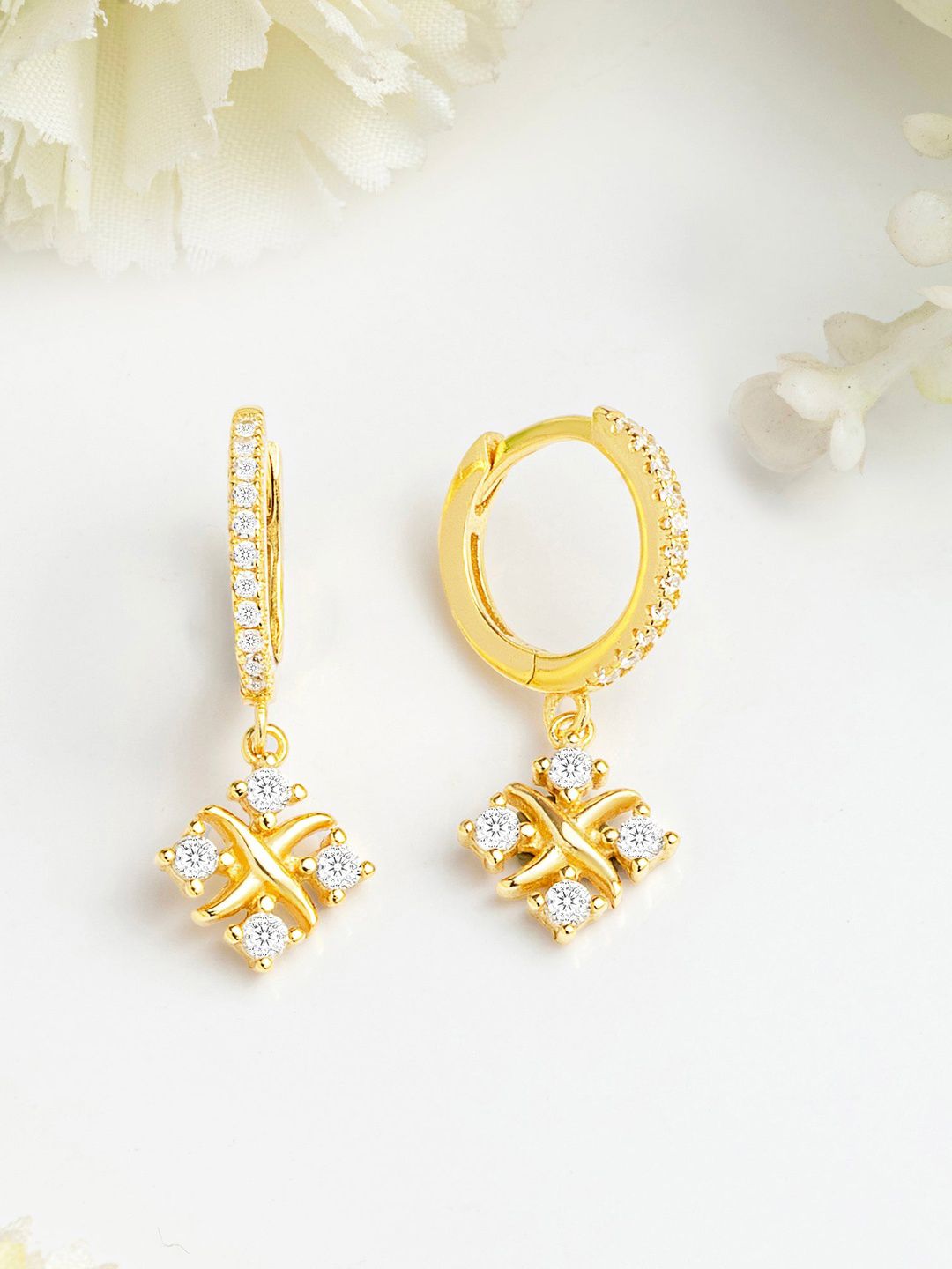 Zavya 92.5 Pure Silver Gold-Plated Cubic Zirconia Studded Floral Hoop Earrings-picture-21