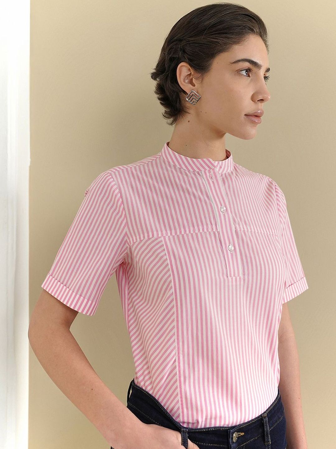 fable street FableStreet Striped Mandarin Collar Cotton Top-picture-20