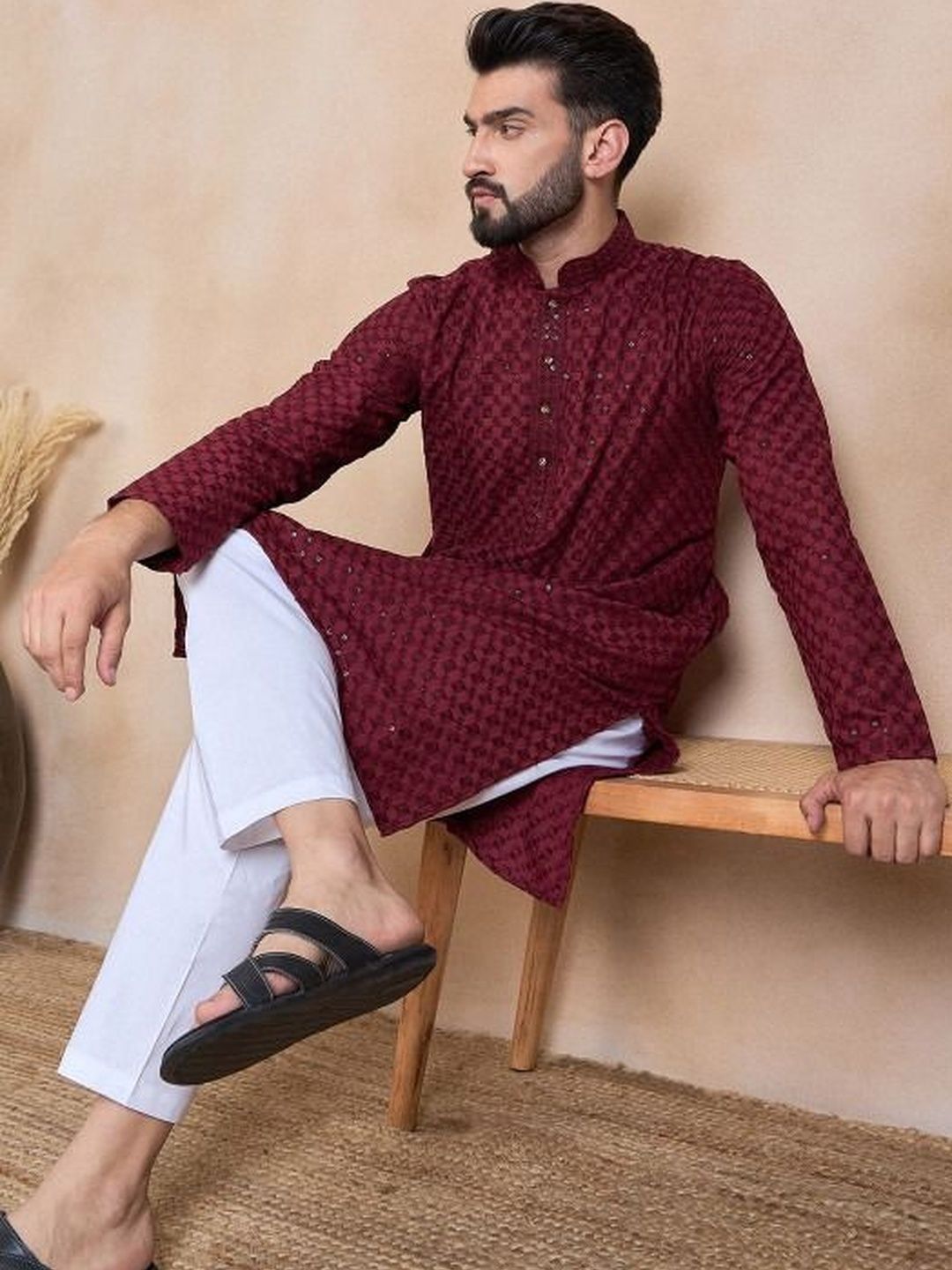 HERE&NOW Men Ethnic Motifs Regular Thread Work Kurta with Pyjamas-picture-21