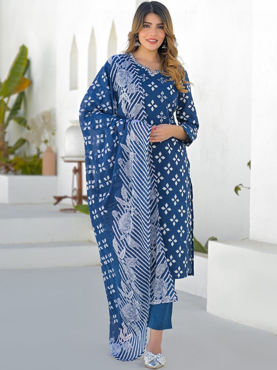Divena Women Printed Regular Thread Work Pure Cotton Kurta with Trousers & With Dupatta-picture-48