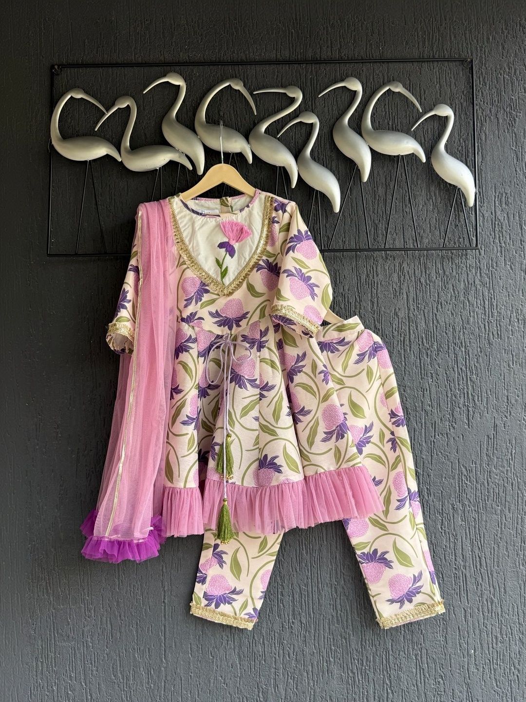 The Little Tales Girls Floral Empire Thread Work Kurta with Trousers & With Dupatta-image-35