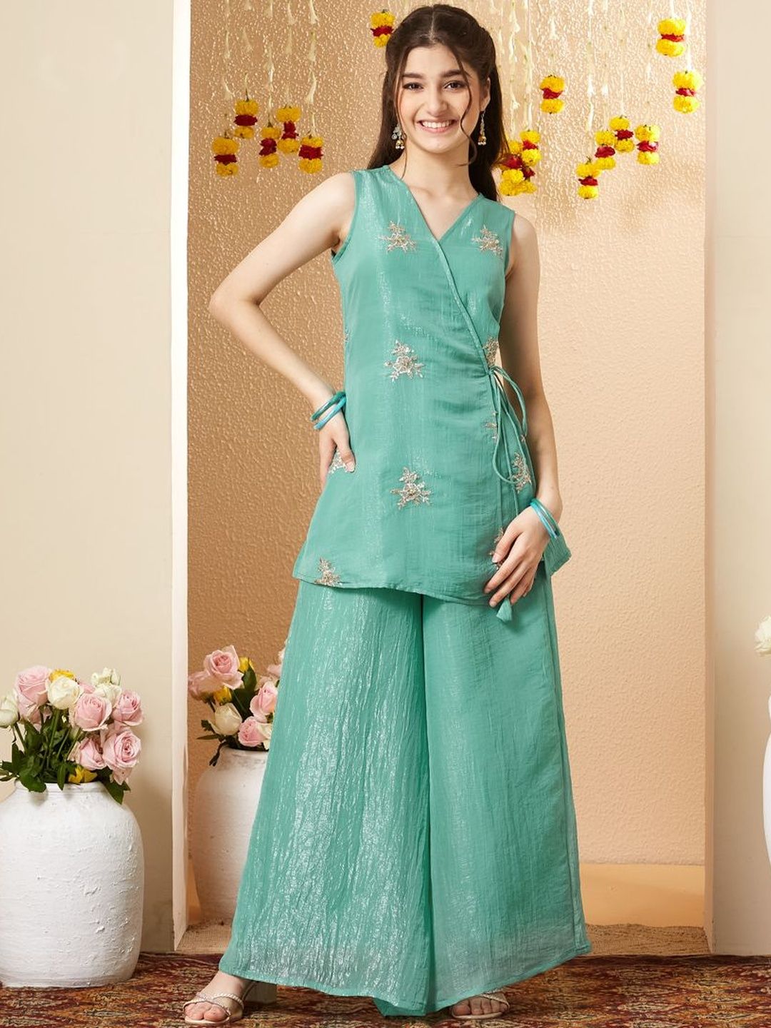 CurlyTales Girls Ethnic Motifs Embroidered Angrakha Thread Work Pure Silk Kurti with Palazzos-image-27