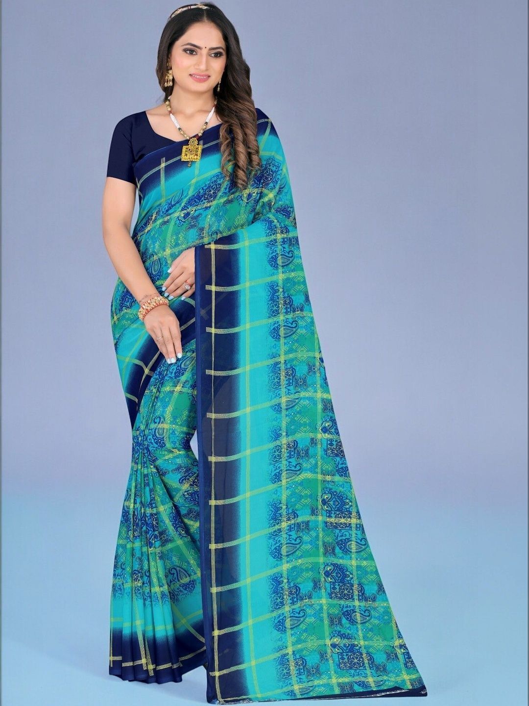 SZN Checked Poly Georgette Saree-picture-10