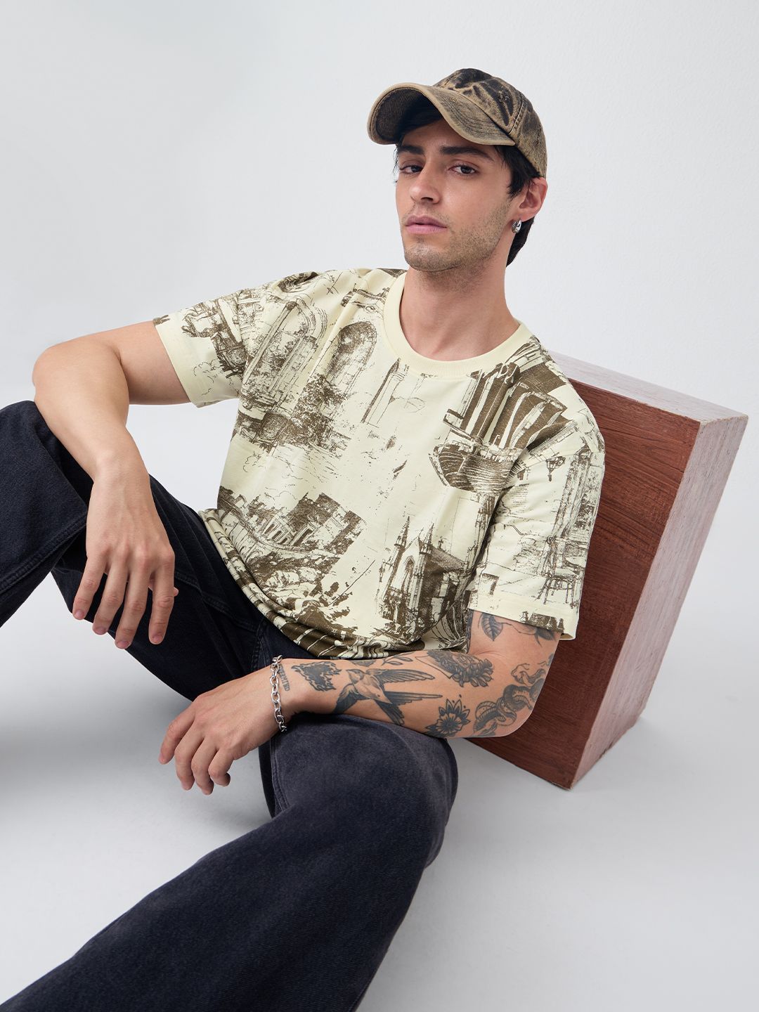The Souled Store Men Oversized Fit Printed Cream T-Shirts-picture-44