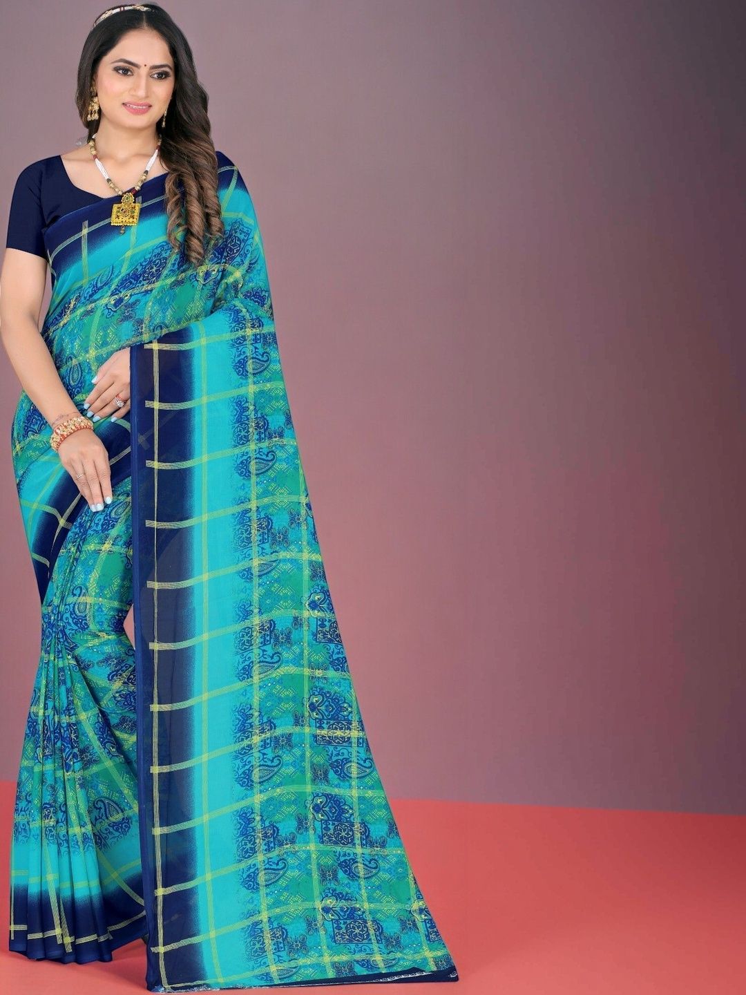 SZN Checked Poly Georgette Saree-picture-57