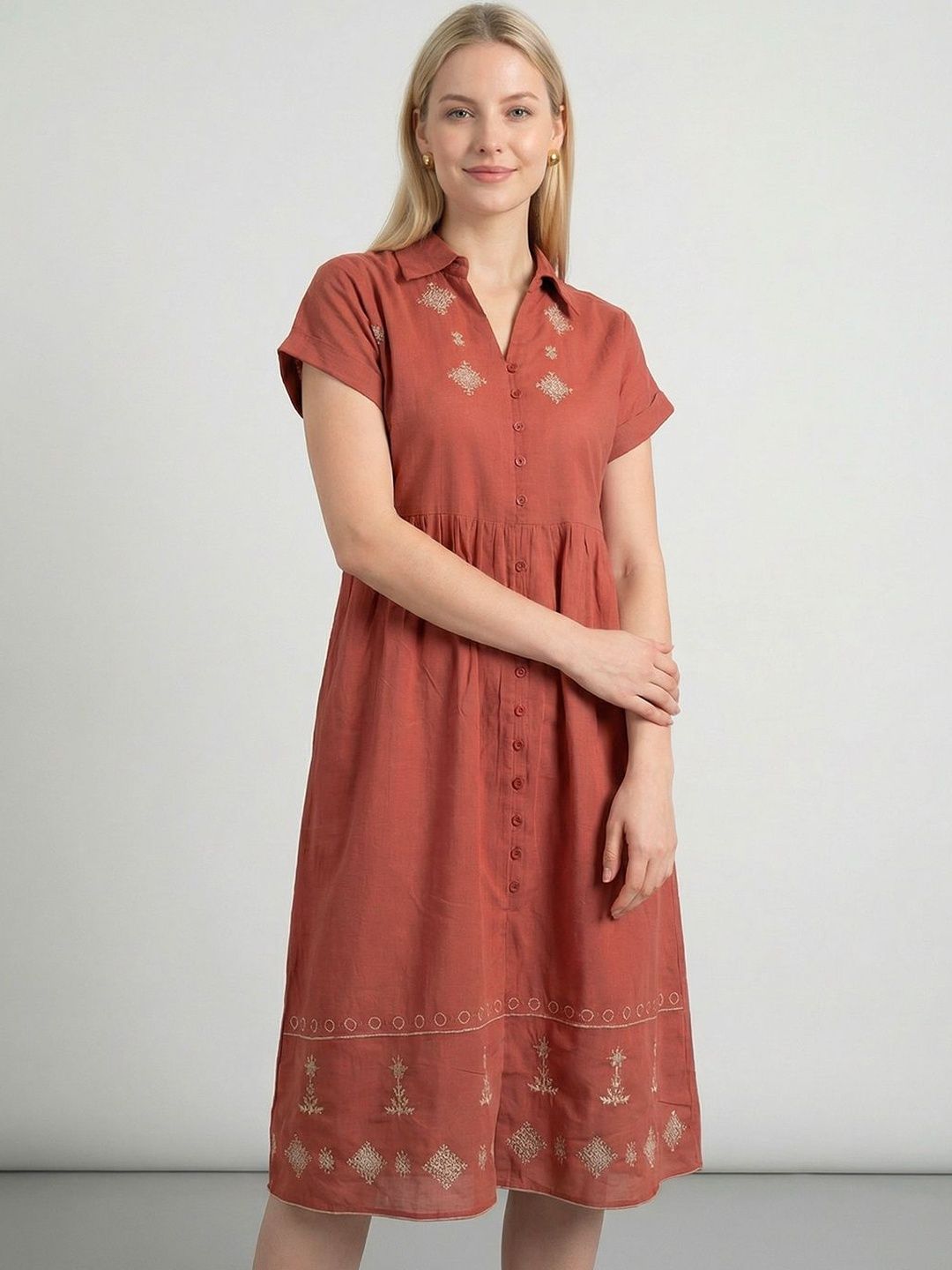 ZUMMER Ethnic Motifs Embroidered Fit & Flare Midi Dress-picture-8