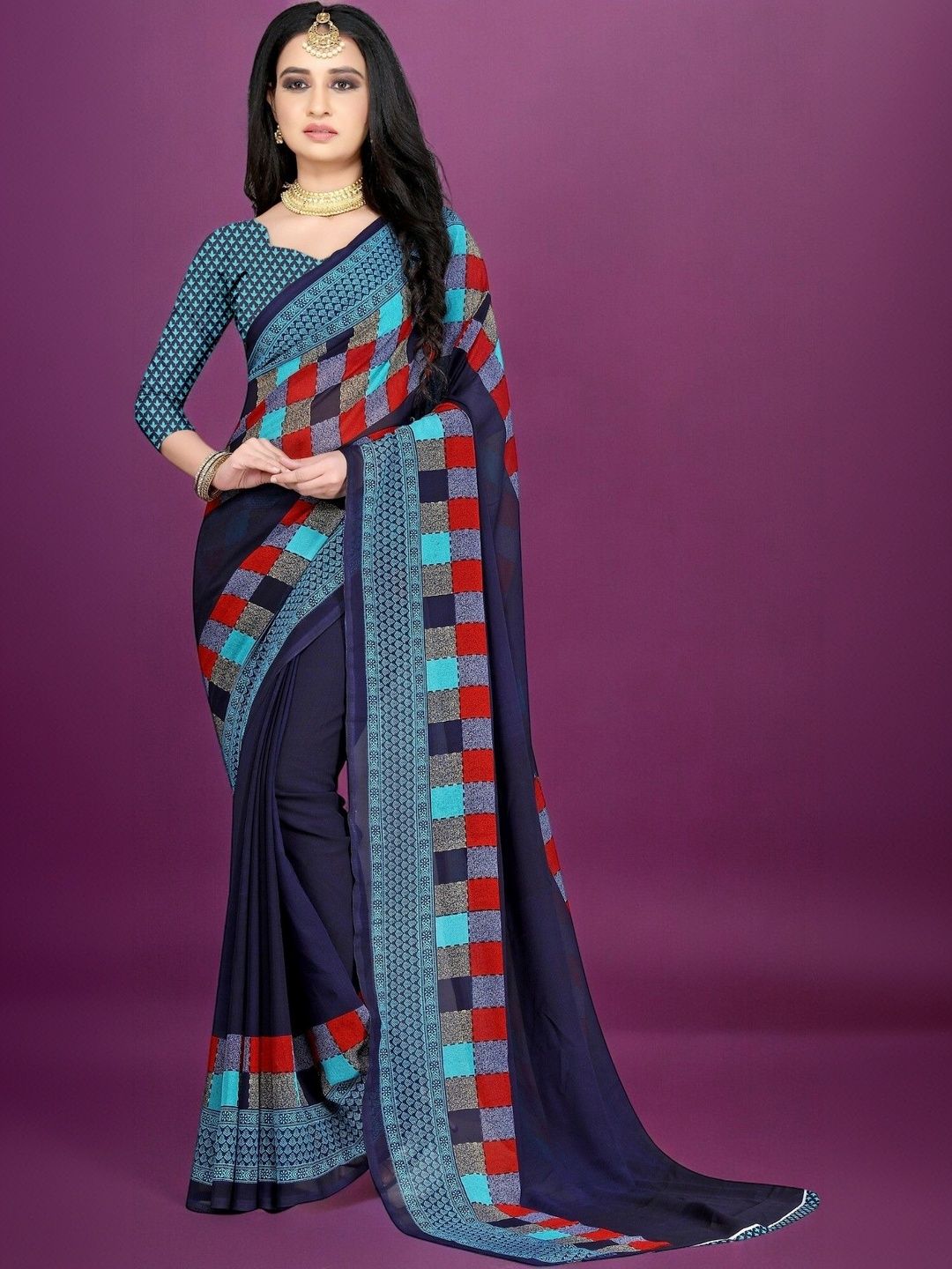 SZN Checked Poly Georgette Saree-picture-56