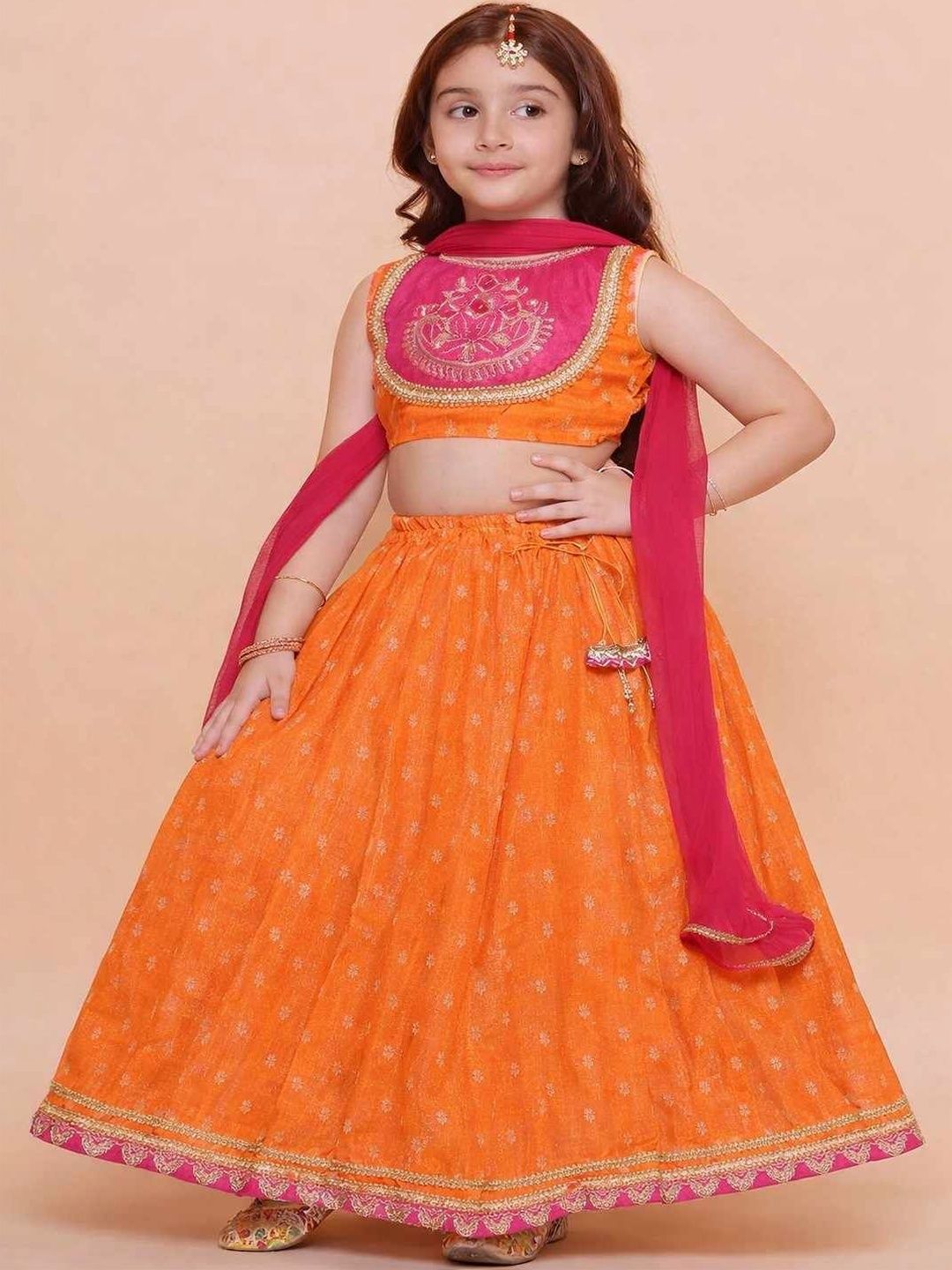 JOVK DESIGN Girls Embroidered Thread Work Tie and Dye Ready to Wear Lehenga & Blouse With Dupatta