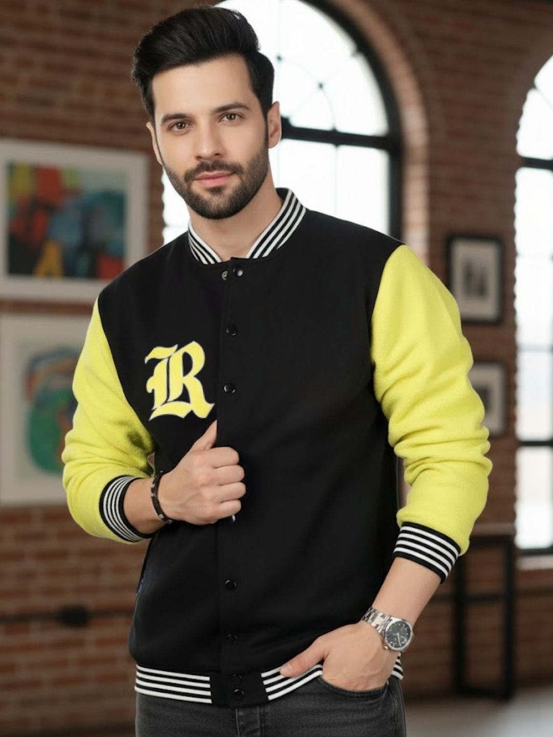 Metronaut Men Colourblocked Fleece Insulator Varsity Jacket-image-41