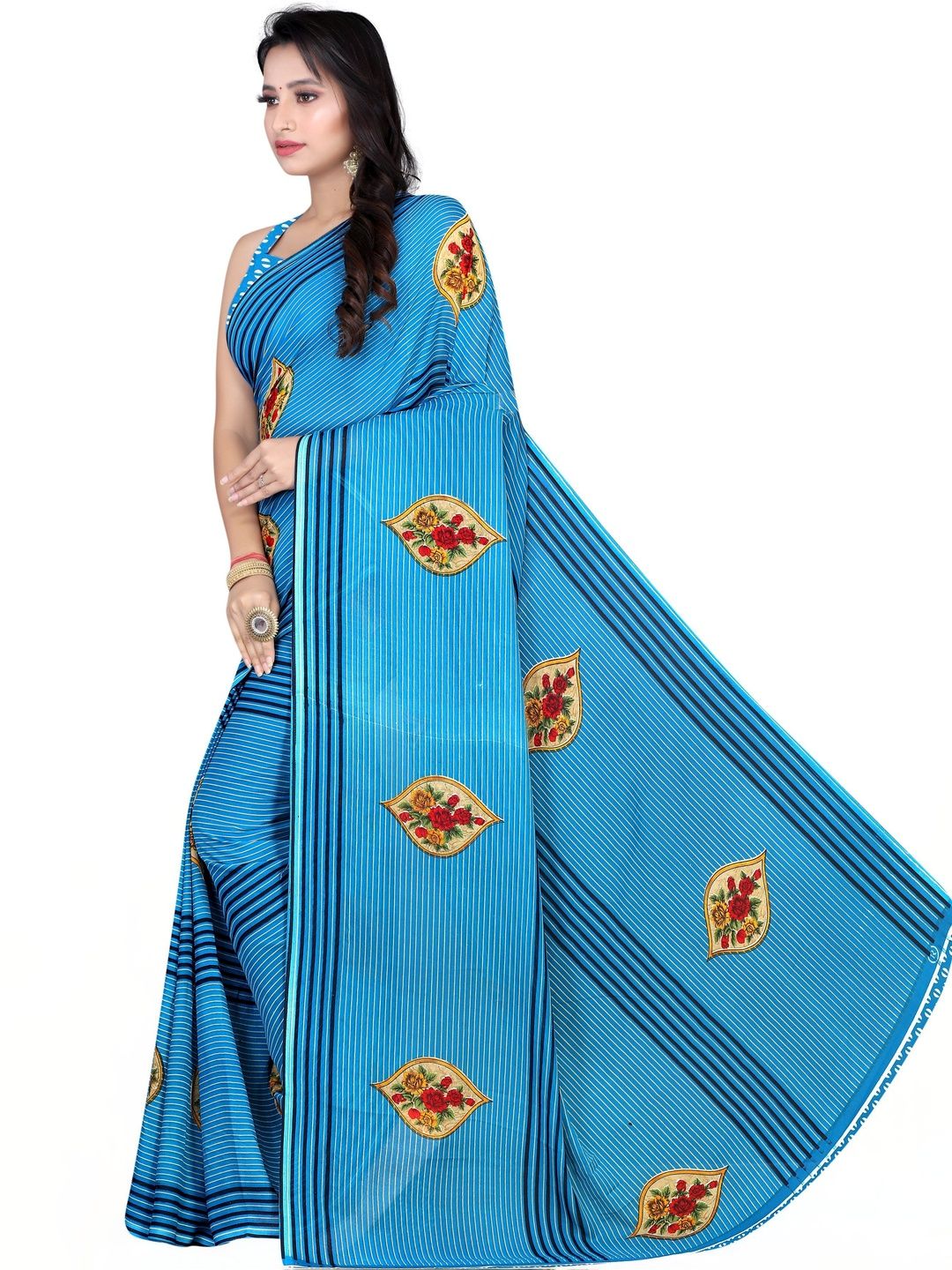 SZN Striped Embroidered Poly Georgette Saree-picture-19
